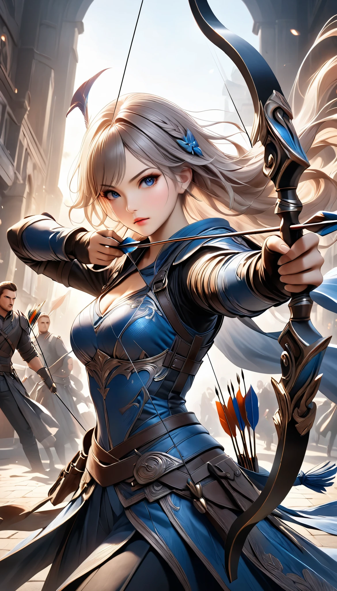 Fusing various styles to create a new style, Combining various techniques to create delicate and bold compositions, An attractive archer, Shoot something unexpected with your bow, Shoot it at the audience, dynamic shot, ankle in the frame, Detailed and realistic texture, Professional artwork, Fine spray work, Powder coating for a three-dimensional look, \I'll target you, BREAK The tip of the arrow pointed at you, dynamic shot\