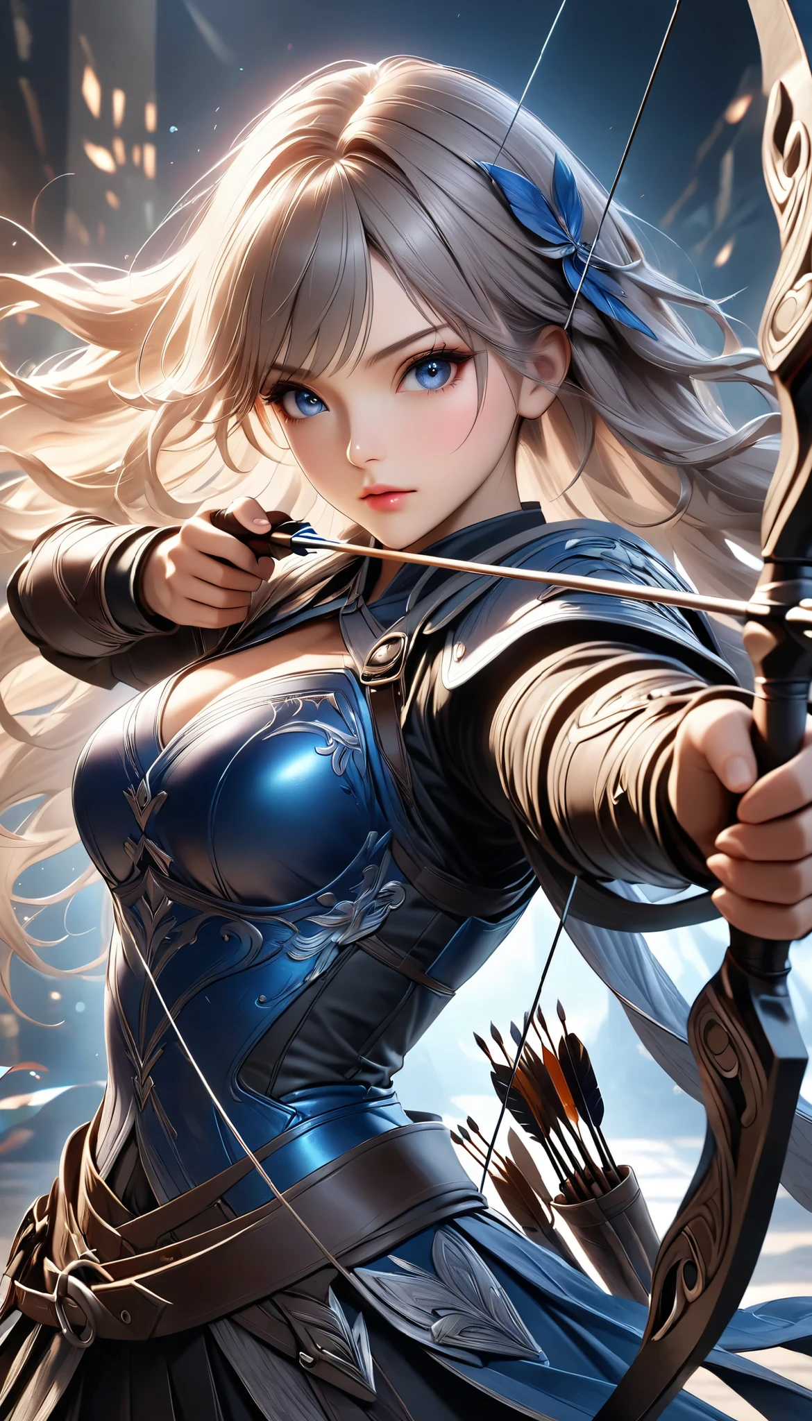 Fusing various styles to create a new style, Combining various techniques to create delicate and bold compositions, An attractive archer, Shoot something unexpected with your bow, Shoot it at the audience, dynamic shot, ankle in the frame, Detailed and realistic texture, Professional artwork, Fine spray work, Powder coating for a three-dimensional look, \I'll target you, BREAK The tip of the arrow pointed at you, dynamic shot\