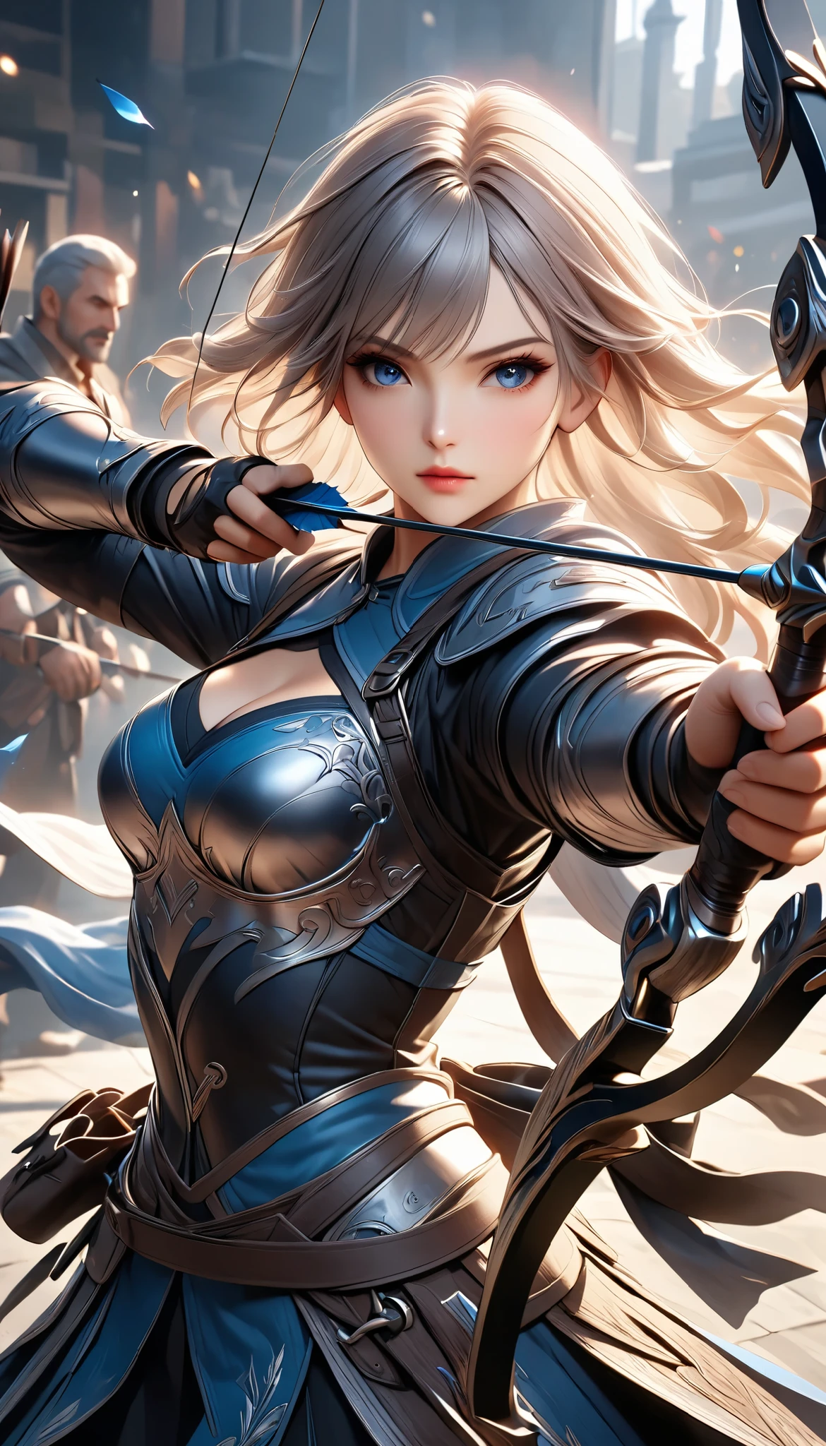Fusing various styles to create a new style, Combining various techniques to create delicate and bold compositions, An attractive archer, Shoot something unexpected with your bow, Shoot it at the audience, dynamic shot, ankle in the frame, Detailed and realistic texture, Professional artwork, Fine spray work, Powder coating for a three-dimensional look, \I'll target you, BREAK The tip of the arrow pointed at you, dynamic shot\