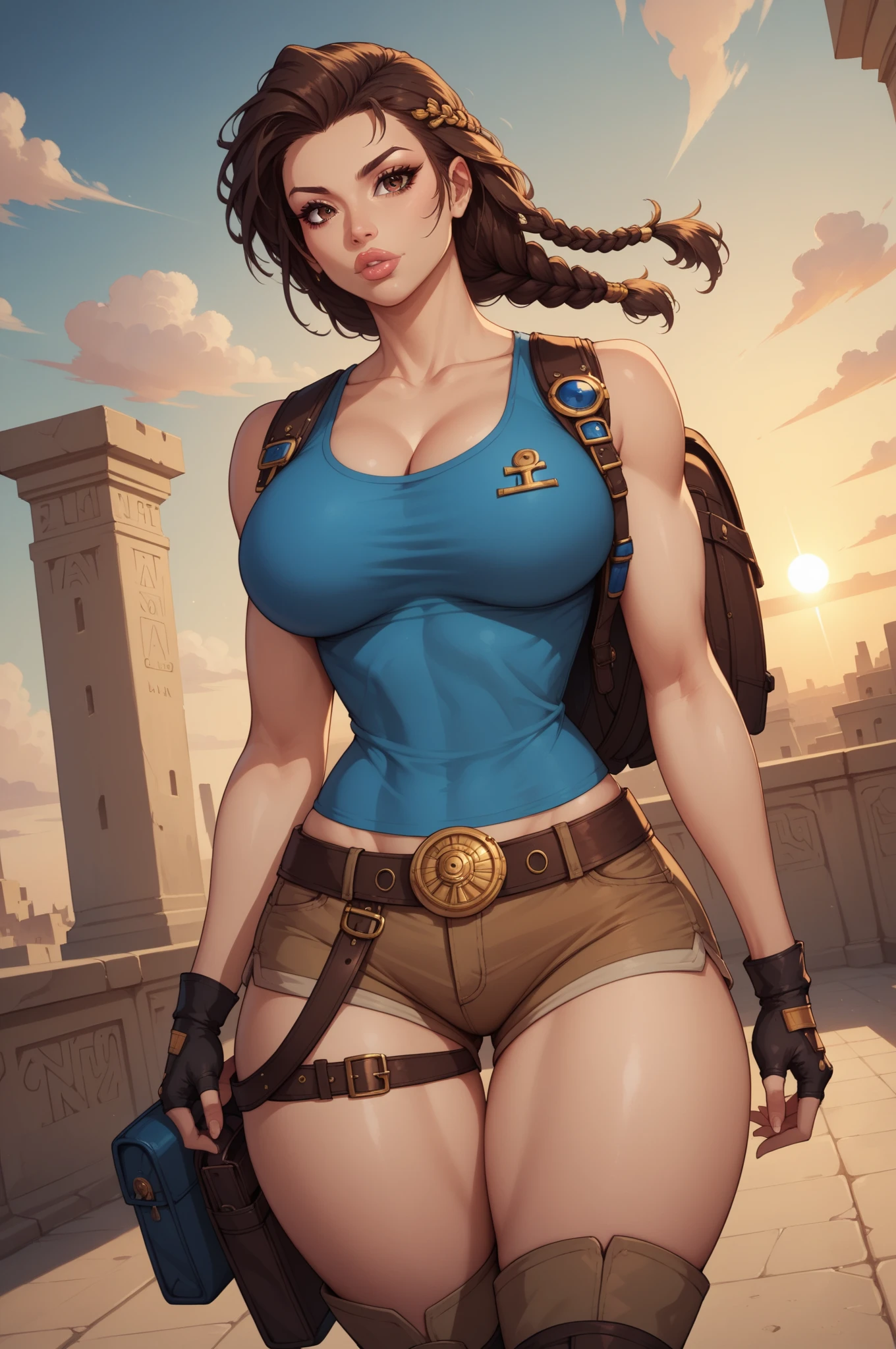 Lara Croft topless, shorts, aztec temple,