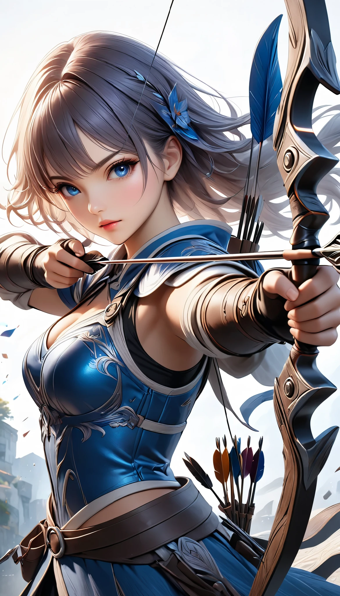 Fusing various styles to create a new style, Combining various techniques to create delicate and bold compositions, An attractive archer, Shoot something unexpected with your bow, Shoot it at the audience, dynamic shot, ankle in the frame, Detailed and realistic texture, Professional artwork, Fine spray work, Powder coating for a three-dimensional look, \I'll target you, BREAK The tip of the arrow pointed at you, dynamic shot\