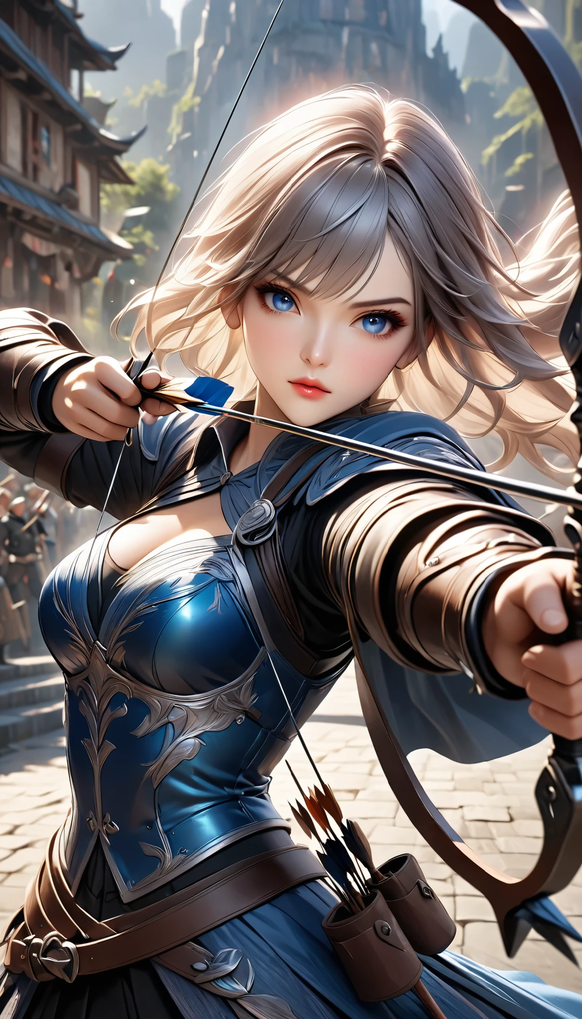Fusing various styles to create a new style, Combining various techniques to create delicate and bold compositions, An attractive archer, Shoot something unexpected with your bow, Shoot it at the audience, dynamic shot, ankle in the frame, Detailed and realistic texture, Professional artwork, Fine spray work, Powder coating for a three-dimensional look, \I'll target you, BREAK The tip of the arrow pointed at you, dynamic shot\