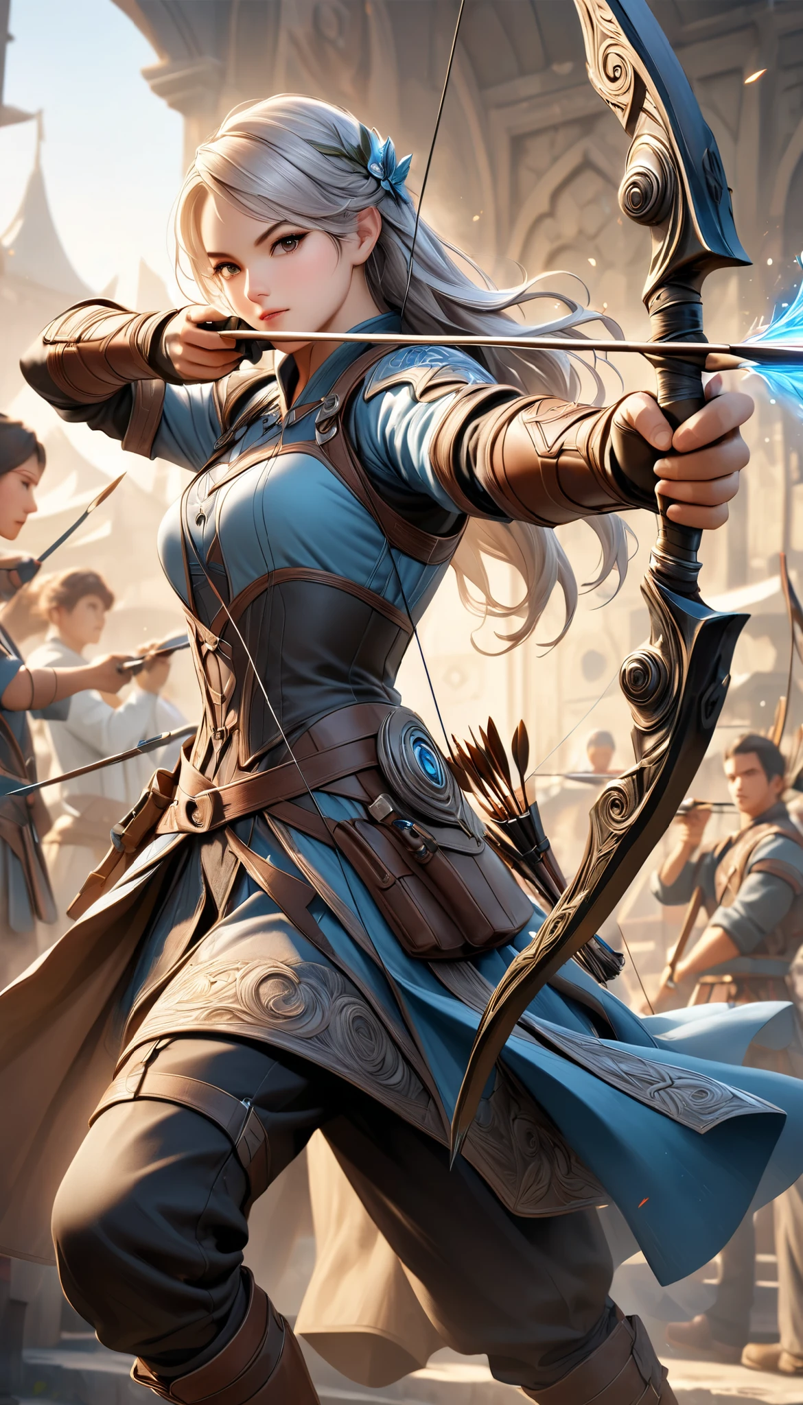 Fusing various styles to create a new style, Combining various techniques to create delicate and bold compositions, An attractive archer, Shoot something unexpected with your bow, Shoot it at the audience, dynamic shot, ankle in the frame, Detailed and realistic texture, Professional artwork, Fine spray work, Powder coating for a three-dimensional look,