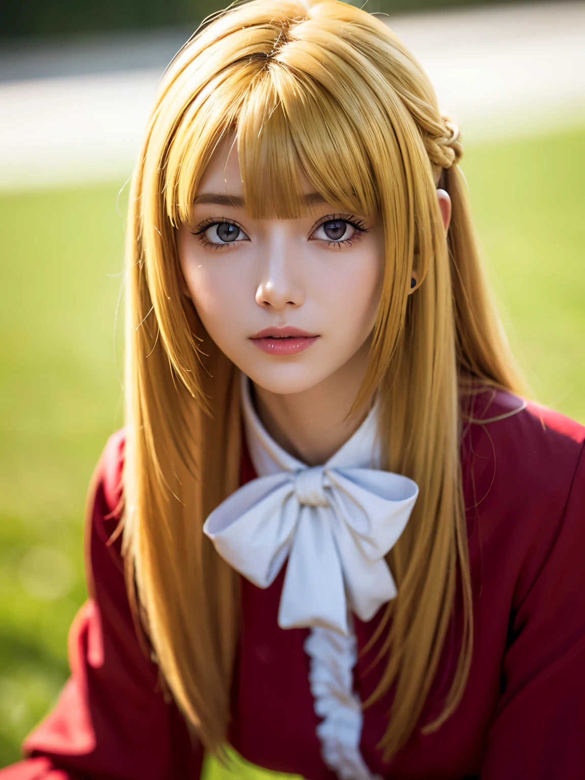 1girl, solo, (cute Japanese girl), hight school girl, Spender Body, huge breasts, smile, Looking at camera, 
break
wariza, upper body, Seductive pose, on the grass,
break
Professional photo-realistic images, (16k, RAW photo, best quality, masterpiece:1.2), (realistic, photo-realistic:1.4), (extremely detailed 8k wallpaper), sharp focus, depth of field, blur background, bokeh, cinematic lighting, soft light, High resolution 16k close-up of human skin,
break
kudelia aina bernstein, (purple eyes:1.1), (((very long hair, blonde hair, bangs, blunt bangs))),
break
gloves, collared dress, (red dress:1.3), long sleeves, white gloves, (((capelet, gown))), (red gown:1.35), apricot, black apricot,
lo dress, layered dress, long dress, lace-trimmed dress, frills, puffy sleeves, wide sleeves, bow, jewelry, long sleeves, 