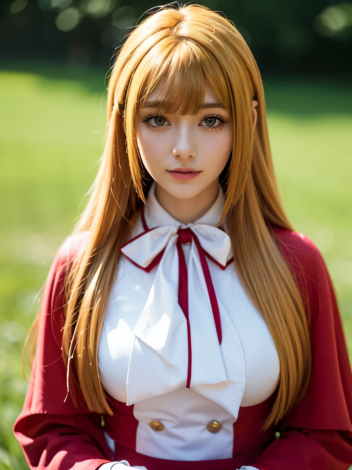 1girl, solo, (cute Japanese girl), hight school girl, Spender Body, huge breasts, smile, Looking at camera,
break
wariza, upper body, Seductive pose, on the grass,
break
Professional photo-realistic images, (16k, RAW photo, best quality, masterpiece:1.2), (realistic, photo-realistic:1.4), (extremely detailed 8k wallpaper), sharp focus, depth of field, blur background, bokeh, cinematic lighting, soft light, High resolution 16k close-up of human skin,
break
kudelia aina bernstein, (purple eyes:1.1), (((very long hair, blonde hair, bangs, blunt bangs))),
break
gloves, collared dress, (red dress:1.3), long sleeves, white gloves, (((capelet, gown))), (red gown:1.35), apricot, black apricot,
lo dress, layered dress, long dress, lace-trimmed dress, frills, puffy sleeves, wide sleeves, bow, jewelry, long sleeves,