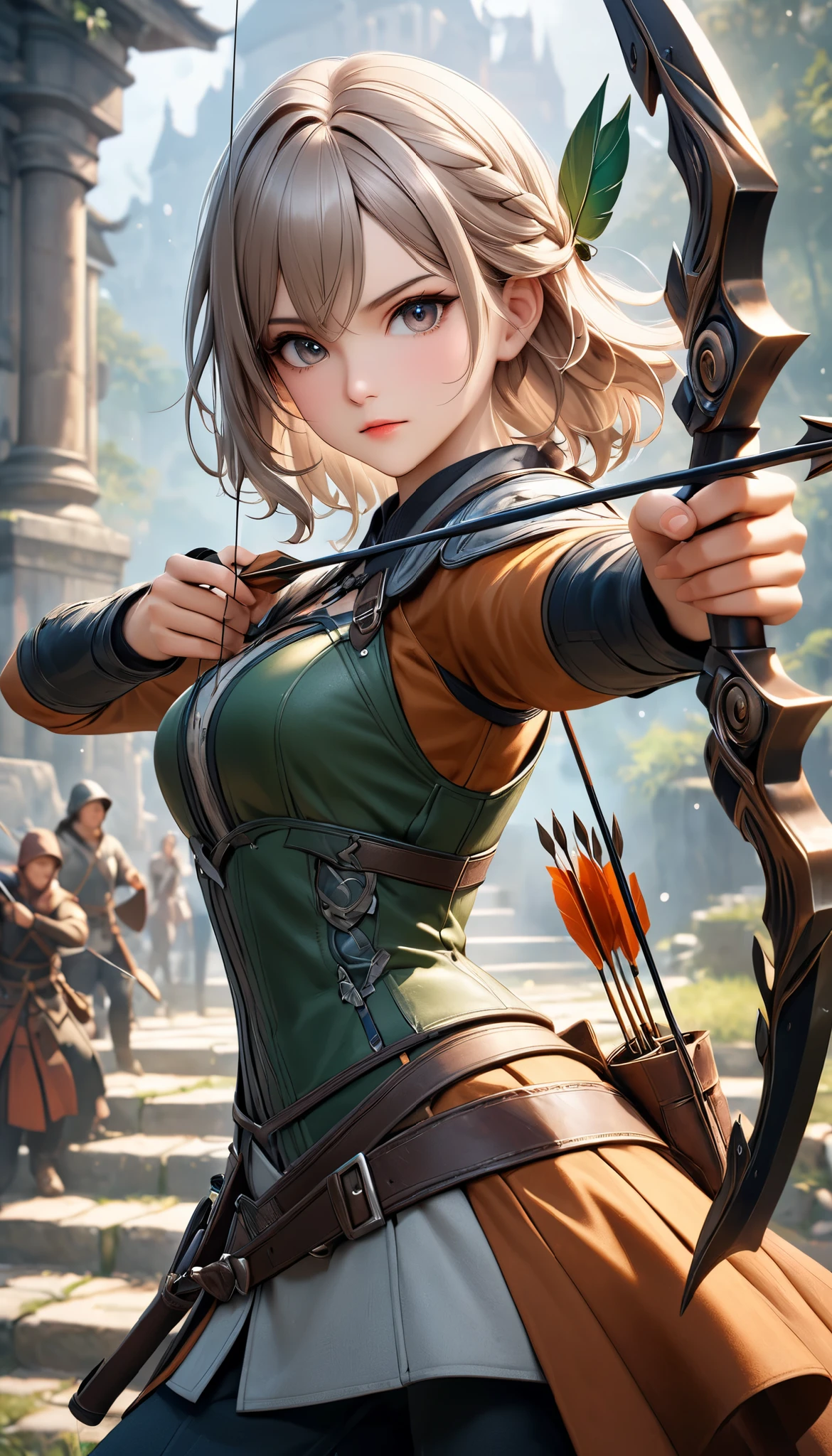 Fusing various styles to create a new style, Combining various techniques to create delicate and bold compositions, An attractive archer, Shoot something unexpected with your bow, Shoot it at the audience, dynamic shot, ankle in the frame, Detailed and realistic texture, Professional artwork, Fine spray work, Powder coating for a three-dimensional look, \I'll target you, BREAK The tip of the arrow pointed at you\