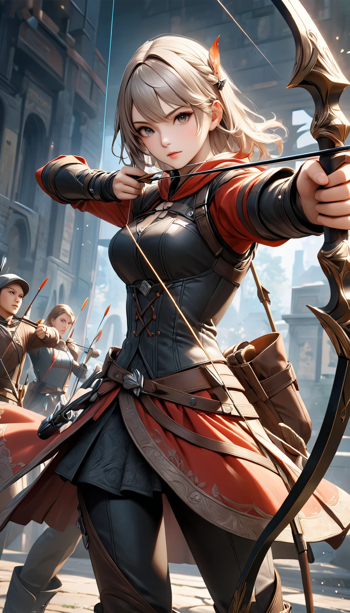 Fusing various styles to create a new style, Combining various techniques to create delicate and bold compositions, An attractive archer, Shoot something unexpected with your bow, Shoot it at the audience, dynamic shot, ankle in the frame, Detailed and realistic texture, Professional artwork, Fine spray work, Powder coating for a three-dimensional look, \I'll target you, BREAK The tip of the arrow pointed at you\