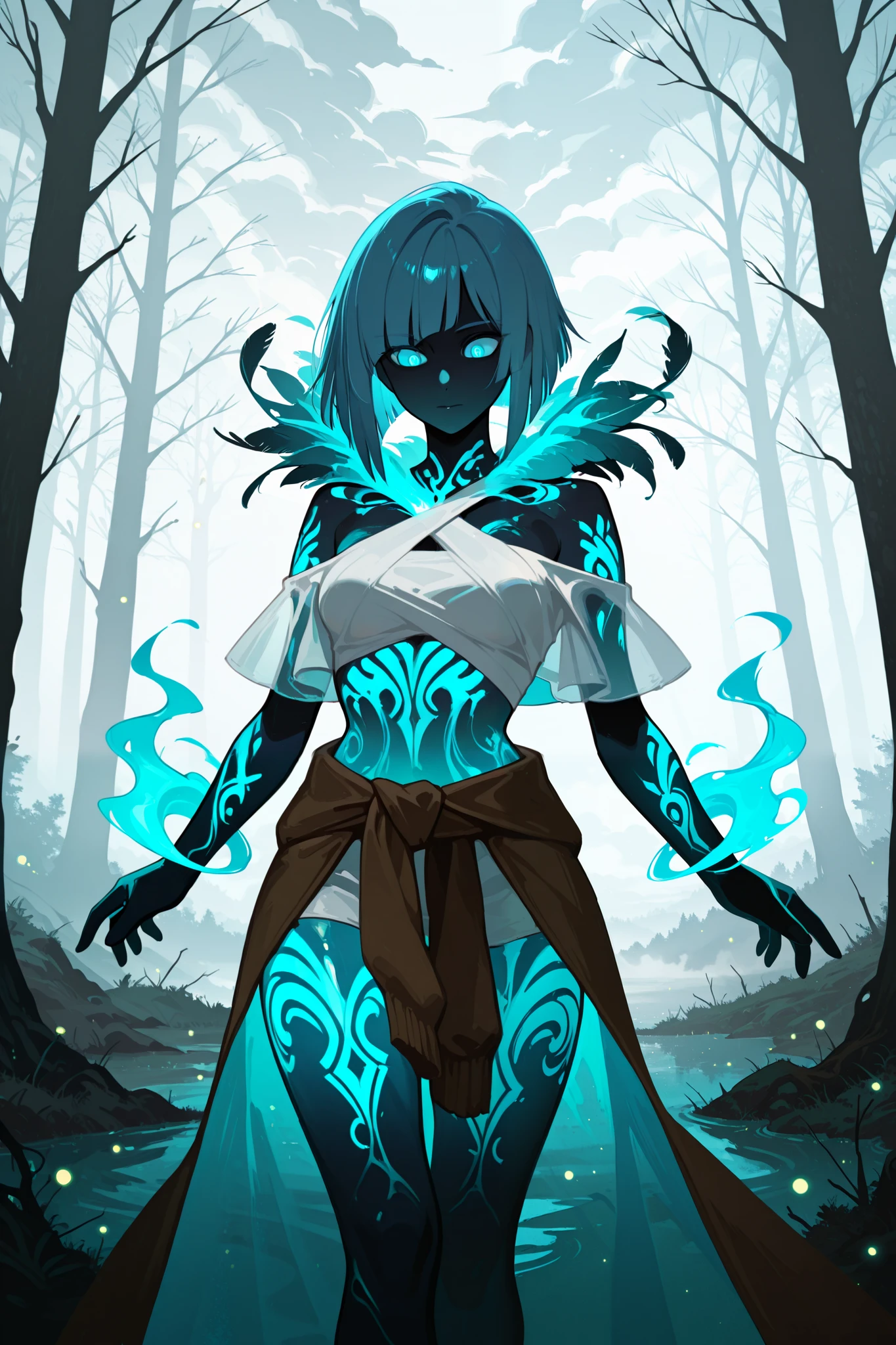 

Here's your refined character design:

**Smooth Quality, dynamic lighting, dynamic pose, detailed background, 1girl, ghostly translucent body with faint glowing aura, medium haircut (wispy layered bob with blunt ends), hair partially covering serene eyes, cloudy mist replacing legs and forming swirling around her, outfit made of ethereal feathers (off-shoulder feather collar and chest wrap), translucent fabric draping around waist with faint movement, glowing pale blue eyes with subtle glowing tattoos on arms, gentle floating pose in a moonlit forest, fog swirling softly around her with ancient trees and twisted roots, fireflies glowing faintly, eerie yet serene atmosphere, soft shadows from the moonlight filtering through the trees.**