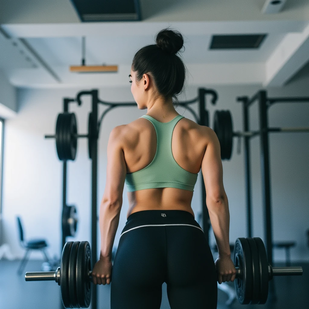 /imagine prompt: A dynamic scene of a young woman working out in a bright and airy gym, smiling as she lifts weights. She has a fit and toned physique, her hair tied back in a ponytail, and is dressed in stylish athletic wear. The gym background includes various fitness equipment and large windows letting in natural light. Created using: digital painting, natural light, vibrant colors, fitness aesthetics, hd quality, crisp details, soft focus on background --ar 16:9 --v 6.0