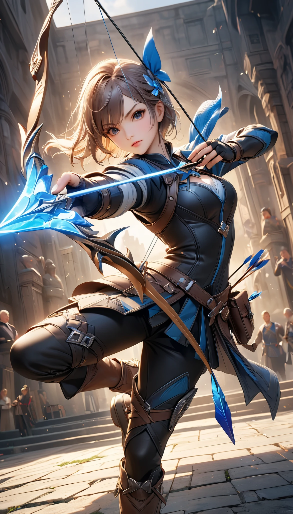 Fusing various styles to create a new style, Combining various techniques to create delicate and bold compositions, An attractive archer, Shoot something unexpected with your bow, Shoot it at the audience, dynamic shot, ankle in the frame, Detailed and realistic texture, Professional artwork, Fine spray work, Powder coating for a three-dimensional look, \I'll target you, BREAK The tip of the arrow pointed at you, dynamic shot\