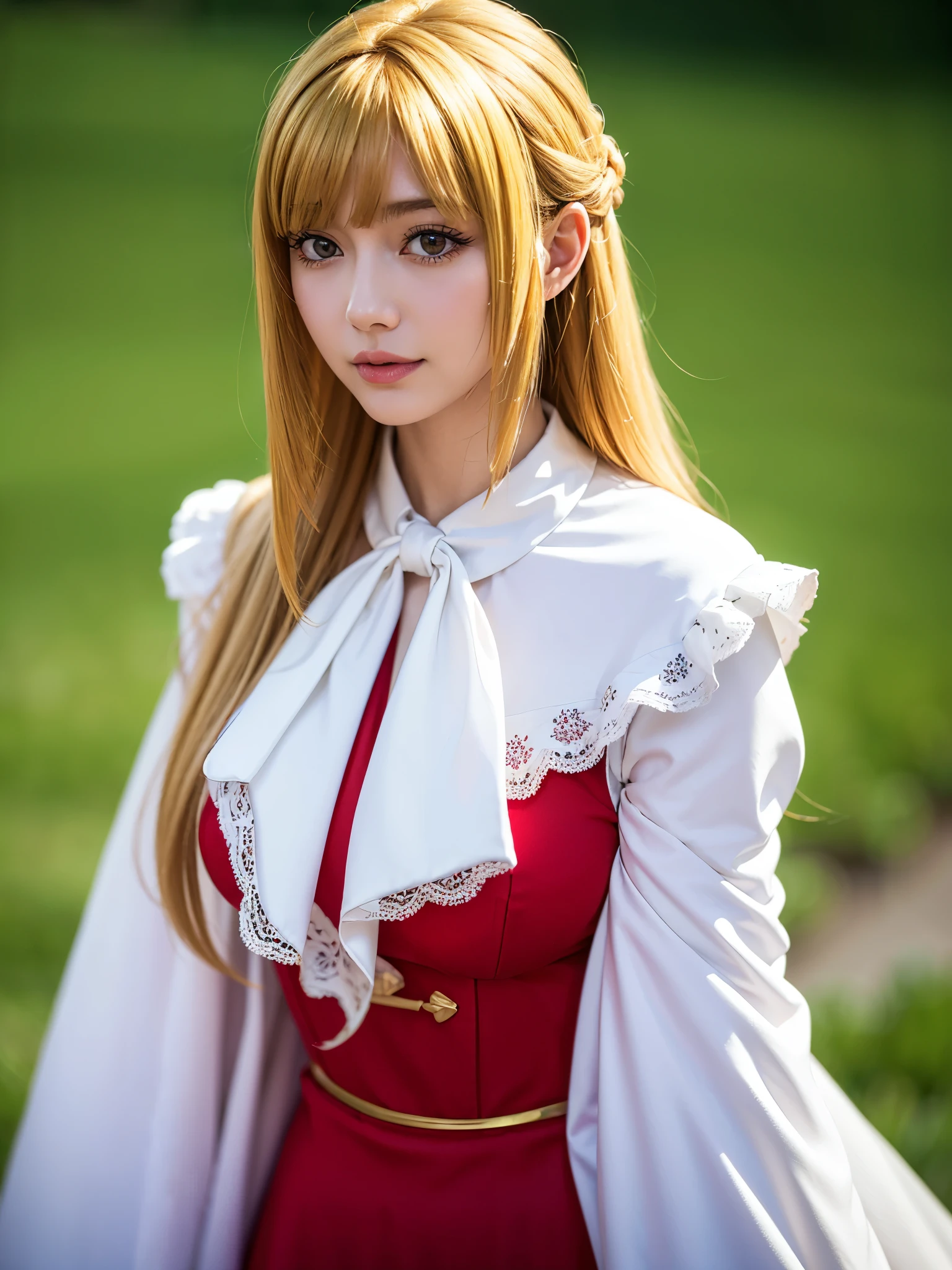 1girl, solo, (cute Japanese girl), hight school girl, Spender Body, huge breasts, smile, Looking at camera,
break
wariza, upper body, Seductive pose, on the grass,
break
Professional photo-realistic images, (16k, RAW photo, best quality, masterpiece:1.2), (realistic, photo-realistic:1.4), (extremely detailed 8k wallpaper), sharp focus, depth of field, blur background, bokeh, cinematic lighting, soft light, High resolution 16k close-up of human skin,
break
kudelia aina bernstein, (purple eyes:1.1), (((very long hair, blonde hair, bangs, blunt bangs))),
break
gloves, collared dress, (red dress:1.3), long sleeves, white gloves, (((capelet, gown, red gown))), apricot, black apricot,
lo dress, layered dress, long dress, lace-trimmed dress, frills, puffy sleeves, wide sleeves, bow, jewelry, long sleeves,