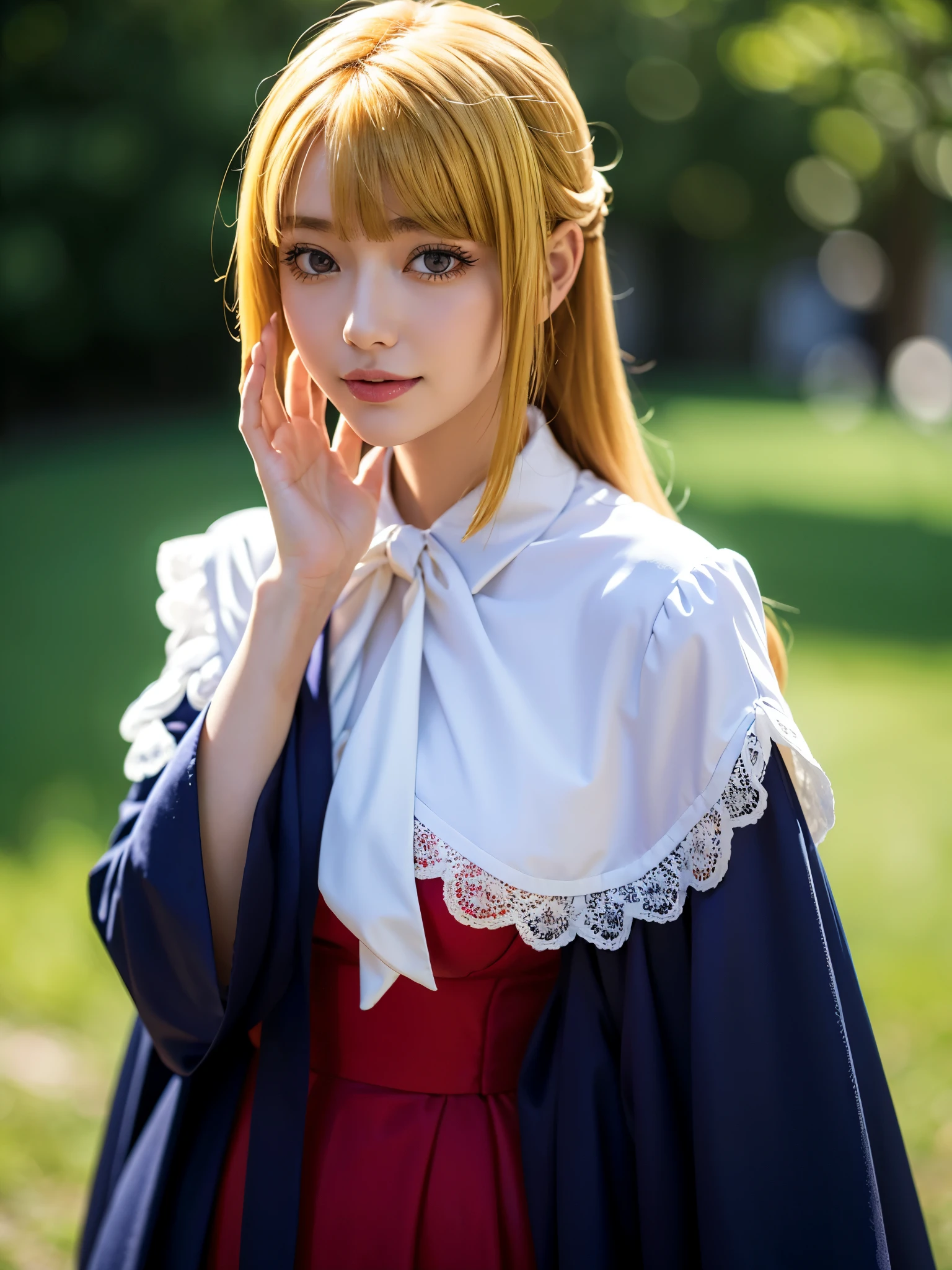 1girl, solo, (cute Japanese girl), hight school girl, Spender Body, huge breasts, smile, Looking at camera,
break
wariza, upper body, Seductive pose, on the grass,
break
Professional photo-realistic images, (16k, RAW photo, best quality, masterpiece:1.2), (realistic, photo-realistic:1.4), (extremely detailed 8k wallpaper), sharp focus, depth of field, blur background, bokeh, cinematic lighting, soft light, High resolution 16k close-up of human skin,
break
kudelia aina bernstein, (purple eyes:1.1), (((very long hair, blonde hair, bangs, blunt bangs))),
break
gloves, collared dress, (red dress:1.3), long sleeves, white gloves, capelet, gown, red gown, apricot, black apricot,
lo dress, layered dress, long dress, lace-trimmed dress, frills, puffy sleeves, wide sleeves, bow, jewelry, long sleeves,