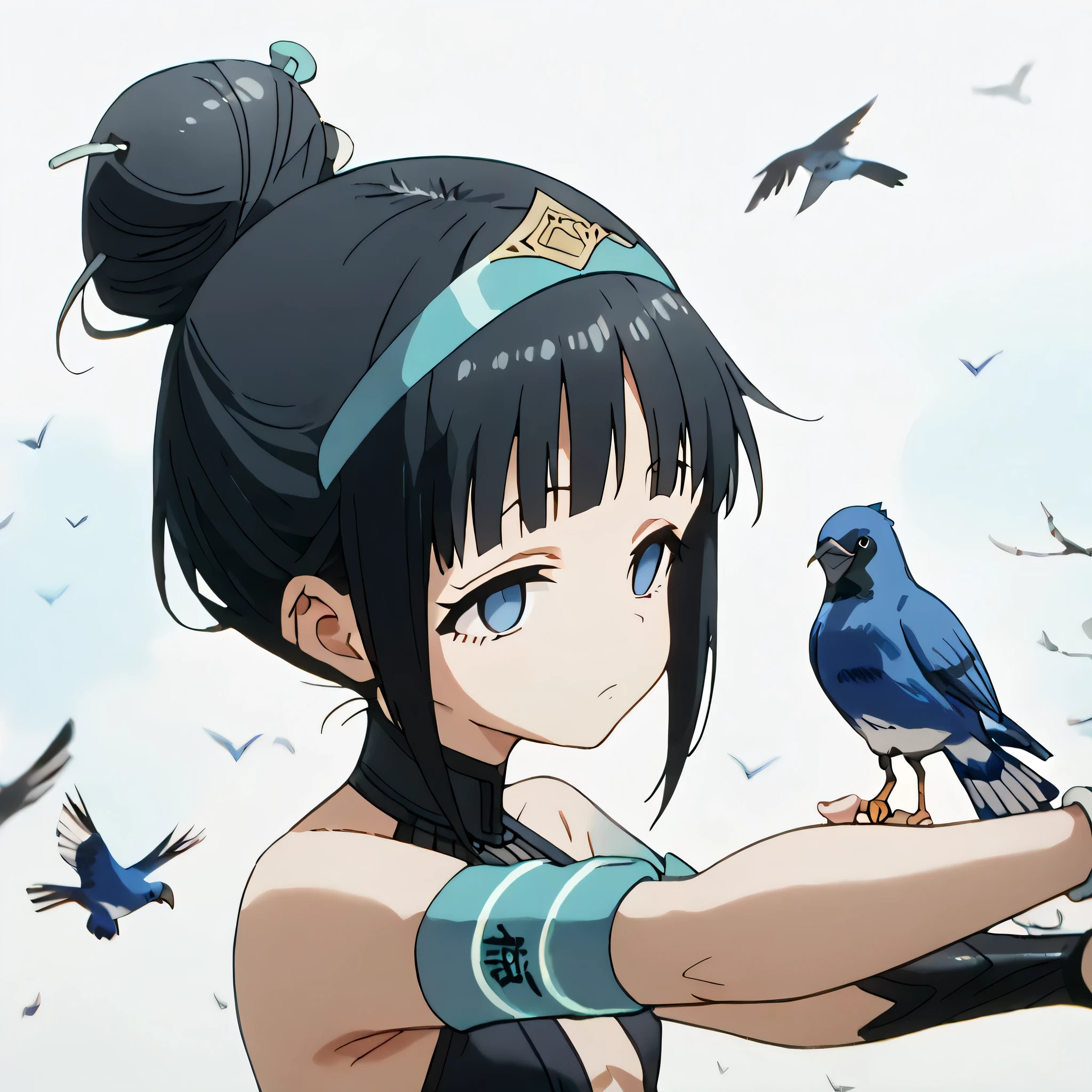 ((Masterpiece))), (((Best Quality))), ((Super Detail)), ultra-High resolution, score_9,score_8_up,score_7_up,score_6_up,score_5_up,score_4_up, BREAK, source_anime, anime screencap, uncensored, rating_explicit, Masterpiece, curvy, dark persona, empty eyes, expressionless, blank eyes, looking at viewer, emotionless, Fighting Stance, horizontal pupils, black leotard, clothing cutout, high heel boots, knee boots, circlet, armlet, bracelet, belt, halterneck, (((solo, 1girl))), hair ornament, seductive pose, submissive pose, small breasts, hair bun, black hair, dark blue eyes, short hair, looking from side, from side, view from side, (((bird, bird on hand, bird background)))