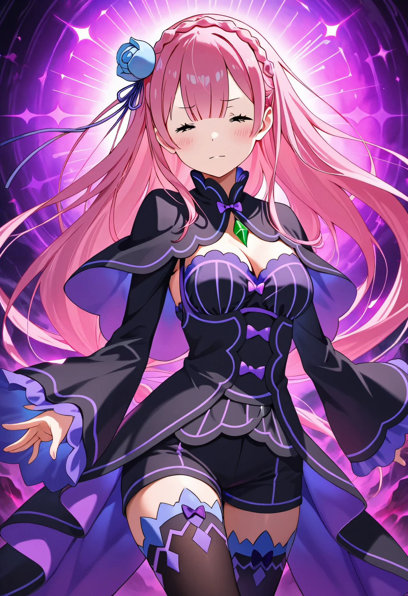cygames, bust, extremely detailed CG unity 8k wallpaper, masterpiece, solo, Oni girl, {Oni horns}, purple hair, short hair, floating hair, red eyes, {beautiful eyes}, detailed eyes, evil smile, black cloak, winter clothes, closed clothes