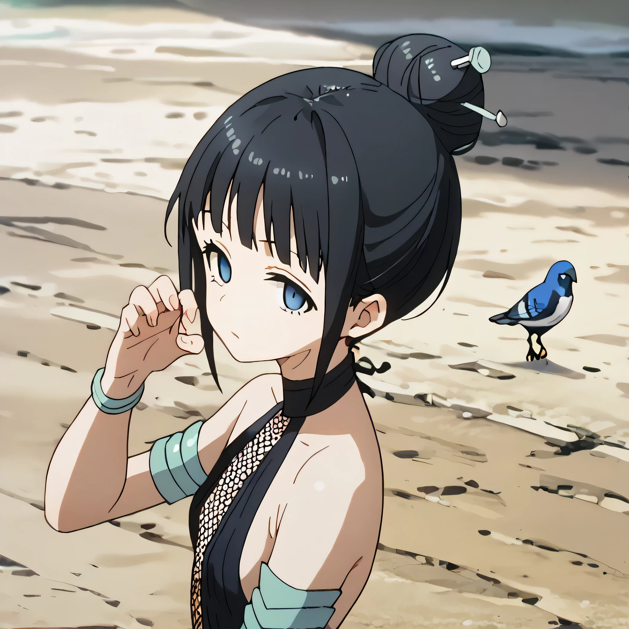 ((Masterpiece))), (((Best Quality))), ((Super Detail)), ultra-High resolution, score_9,score_8_up,score_7_up,score_6_up,score_5_up,score_4_up, BREAK, source_anime, anime screencap, uncensored, rating_explicit, Masterpiece, curvy, dark persona, empty eyes, expressionless, blank eyes, looking at viewer, emotionless, Fighting Stance, horizontal pupils, black leotard, clothing cutout, high heel boots, knee boots, circlet, armlet, bracelet, belt, halterneck, (((solo, 1girl))), hair ornament, seductive pose, submissive pose, small breasts, hair bun, black hair, dark blue eyes, short hair, looking from side, from side, view from side, (((bird, bird on hand, bird background, full body)))