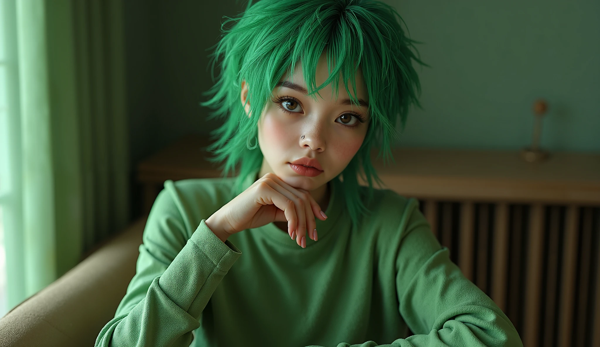 there is a woman with green hair and a black top, tatsumaki from one punch man, realistic style, anime realism style, tatsumaki with green curly hair, photorealistic anime girl render, tatsumaki, hyper realistic, green wavy hair, High quality image, masterpiece, detailed hair texture, detailed skin texture, detailed cloth texture, 8k, add fabric details, ultra detailed skin texture, ultra detailed photo, skin pores, cloth details, high skin details, realistic hair details, studio light, hard shadow