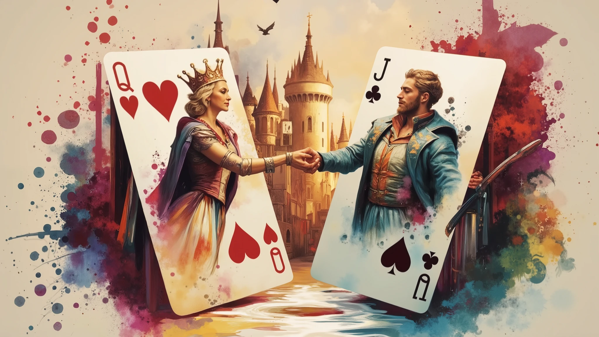 A fantasy-inspired image of a playing card Jack and Queen stepping out of their respective cards, hands meeting in a tender embrace. Their figures glow softly against a shadowy, neutral-toned backdrop. A double exposure blends them with a kingdom painted in delicate, watery strokes, dissolving like mist. Ink splashes and textured brushstrokes reminiscent of Renoir's impressionist style add fluidity and depth to the composition, creating a sense of movement and fading time.