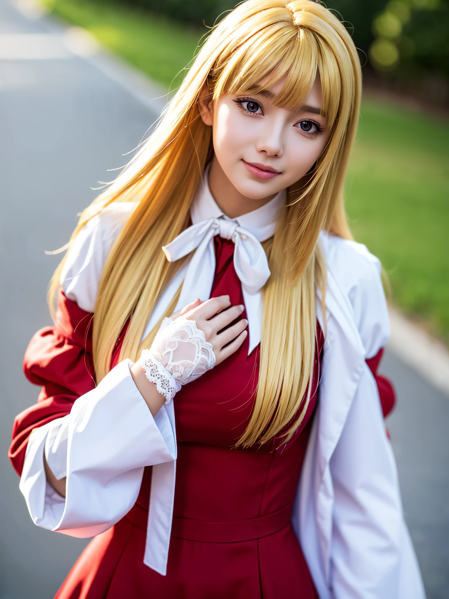 1girl, solo, (cute Japanese girl), hight school girl, Spender Body, huge breasts, smile, Looking at camera,
break
wariza, upper body, Seductive pose, on the grass,
break
Professional photo-realistic images, (16k, RAW photo, best quality, masterpiece:1.2), (realistic, photo-realistic:1.4), (extremely detailed 8k wallpaper), sharp focus, depth of field, blur background, bokeh, cinematic lighting, soft light, High resolution 16k close-up of human skin,
break
kudelia aina bernstein, (purple eyes:1.1), (((very long hair, blonde hair, bangs, blunt bangs))),
break
gloves, collared dress, (red dress:1.3), long sleeves, white gloves, capelet, gown, red gown, apricot, black apricot,
lo dress, layered dress, long dress, lace-trimmed dress, frills, puffy sleeves, wide sleeves, bow, jewelry, long sleeves,