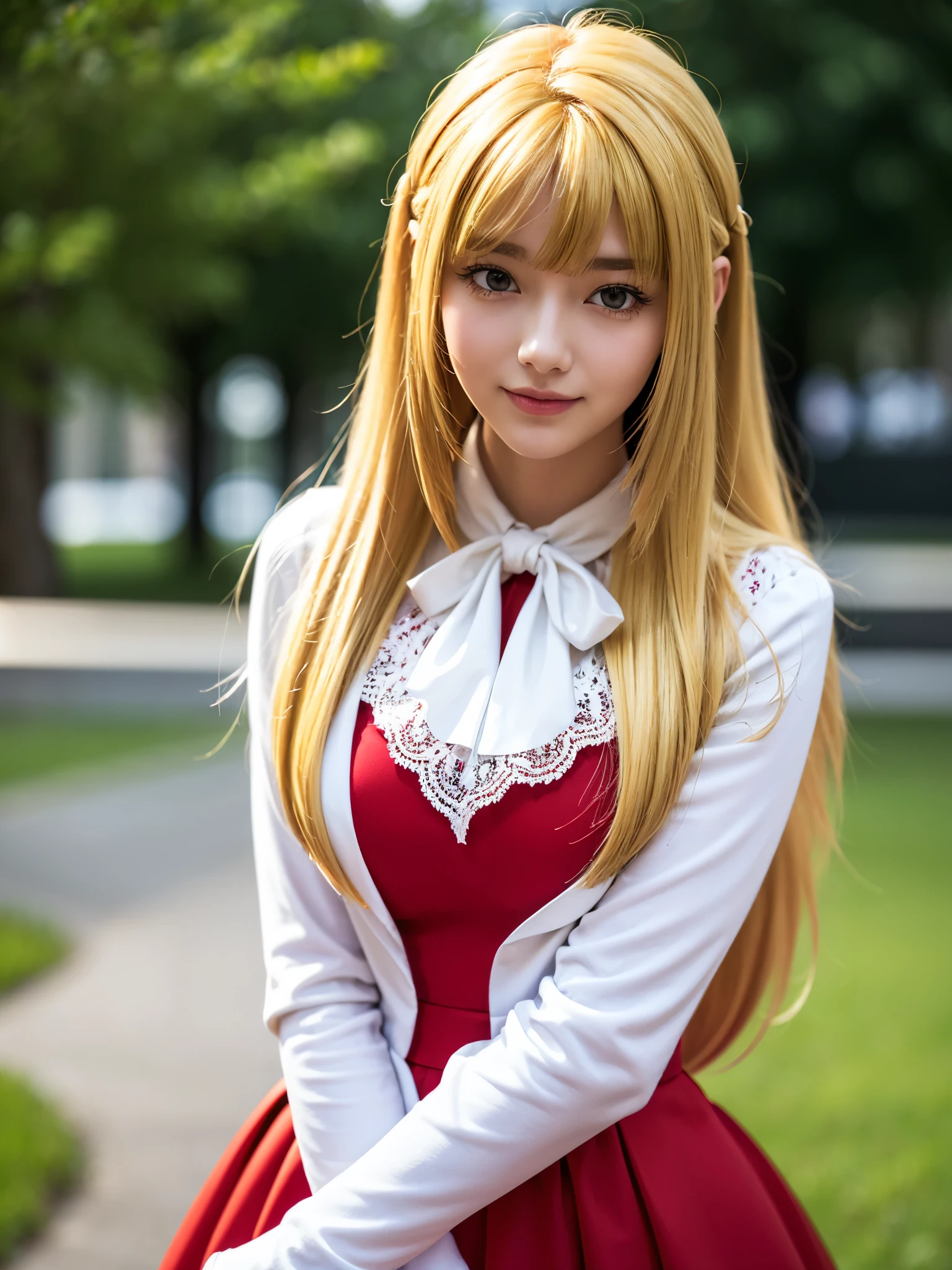 1girl, solo, (cute Japanese girl), hight school girl, Spender Body, huge breasts, smile, Looking at camera,
break
wariza, upper body, Seductive pose, on the grass,
break
Professional photo-realistic images, (16k, RAW photo, best quality, masterpiece:1.2), (realistic, photo-realistic:1.4), (extremely detailed 8k wallpaper), sharp focus, depth of field, blur background, bokeh, cinematic lighting, soft light, High resolution 16k close-up of human skin,
break
kudelia aina bernstein, (purple eyes:1.1), (((very long hair, blonde hair, bangs, blunt bangs))),
break
gloves, collared dress, (red dress:1.3), long sleeves, white gloves, capelet, gown, red gown, apricot, black apricot,
lo dress, layered dress, long dress, lace-trimmed dress, frills, puffy sleeves, wide sleeves, bow, jewelry, long sleeves,