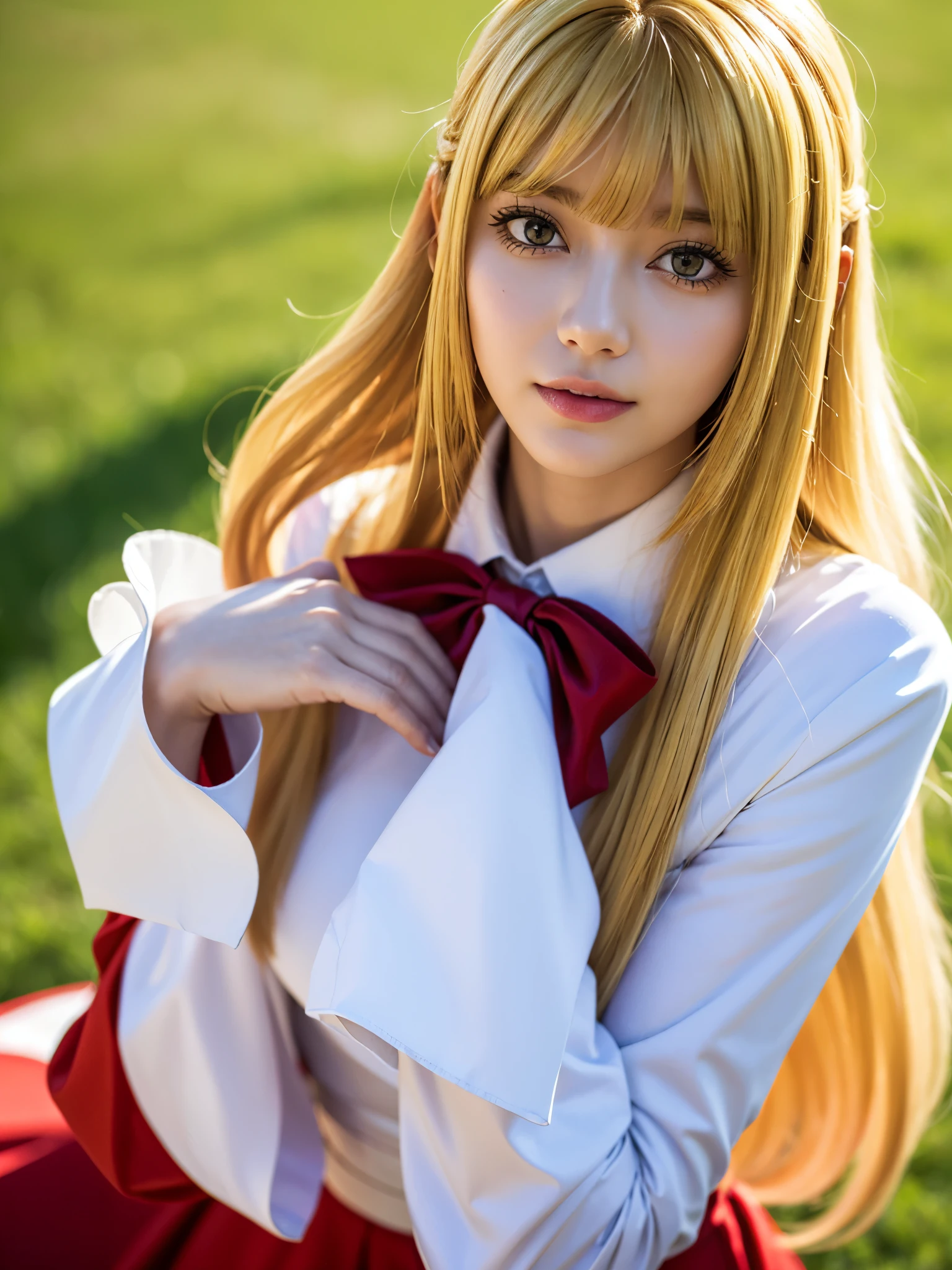 1girl, solo, (cute Japanese girl), hight school girl, Spender Body, huge breasts, smile, Looking at camera,
break
wariza, upper body, Seductive pose, on the grass,
break
Professional photo-realistic images, (16k, RAW photo, best quality, masterpiece:1.2), (realistic, photo-realistic:1.4), (extremely detailed 8k wallpaper), sharp focus, depth of field, blur background, bokeh, cinematic lighting, soft light, High resolution 16k close-up of human skin,
break
kudelia aina bernstein, (purple eyes:1.1), (((very long hair, blonde hair, bangs, blunt bangs))),
break
gloves, collared dress, (red dress:1.3), long sleeves, white gloves, capelet, gown, red gown, apricot, black apricot,
lo dress, layered dress, long dress, lace-trimmed dress, frills, puffy sleeves, wide sleeves, bow, jewelry, long sleeves,