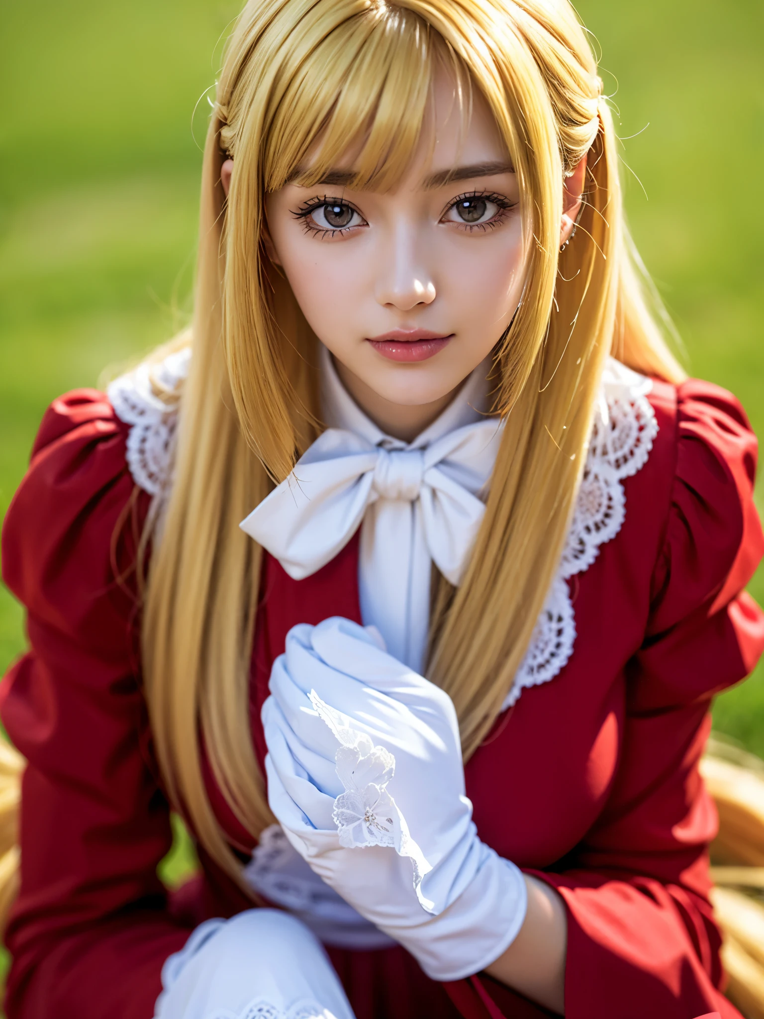 1girl, solo, (cute Japanese girl), hight school girl, Spender Body, huge breasts, smile, Looking at camera,
break
wariza, upper body, Seductive pose, on the grass,
break
Professional photo-realistic images, (16k, RAW photo, best quality, masterpiece:1.2), (realistic, photo-realistic:1.4), (extremely detailed 8k wallpaper), sharp focus, depth of field, blur background, bokeh, cinematic lighting, soft light, High resolution 16k close-up of human skin,
break
kudelia aina bernstein, (purple eyes:1.1), (((very long hair, blonde hair, bangs, blunt bangs))),
break
gloves, collared dress, (red dress:1.3), long sleeves, white gloves, capelet, gown, red gown, apricot, black apricot,
lo dress, layered dress, long dress, lace-trimmed dress, frills, puffy sleeves, wide sleeves, bow, jewelry, long sleeves,