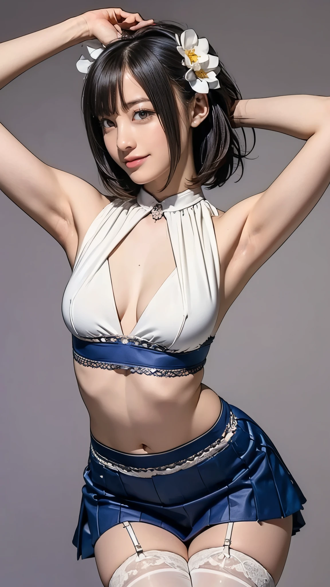(( masterpiece)),((smile))、( very slim:1.7、 very thin thighs :1.6)、(( sexy idol、 frill、race、flower、 super mini skirt、 panties:1.5、 big ribbon on the head、 stockings 、 Japanese Idol Stars 、 armpits))、 long legs, girl :1.5、( droopy eyes :1.5), very short bob hair 、 thin waist、 long legs、 big round eyes, NSFW:1.5