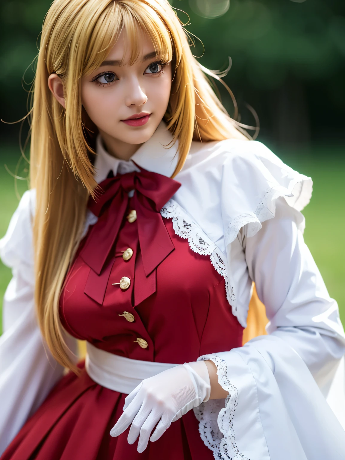1girl, solo, (cute Japanese girl), hight school girl, Spender Body, huge breasts, smile, Looking at camera,
break
wariza, upper body,
break
Professional photo-realistic images, (16k, RAW photo, best quality, masterpiece:1.2), (realistic, photo-realistic:1.4), (extremely detailed 8k wallpaper), sharp focus, depth of field, blur background, bokeh, cinematic lighting, soft light, High resolution 16k close-up of human skin,
break
kudelia aina bernstein, (purple eyes:1.1), (((very long hair, blonde hair, bangs, blunt bangs))),
break
gloves, ((collared dress, red dress, long sleeves, white gloves, capelet, gown, red gown)), apricot, black apricot,
lo dress, layered dress, long dress, lace-trimmed dress, frills, puffy sleeves, wide sleeves, bow, jewelry, long sleeves,