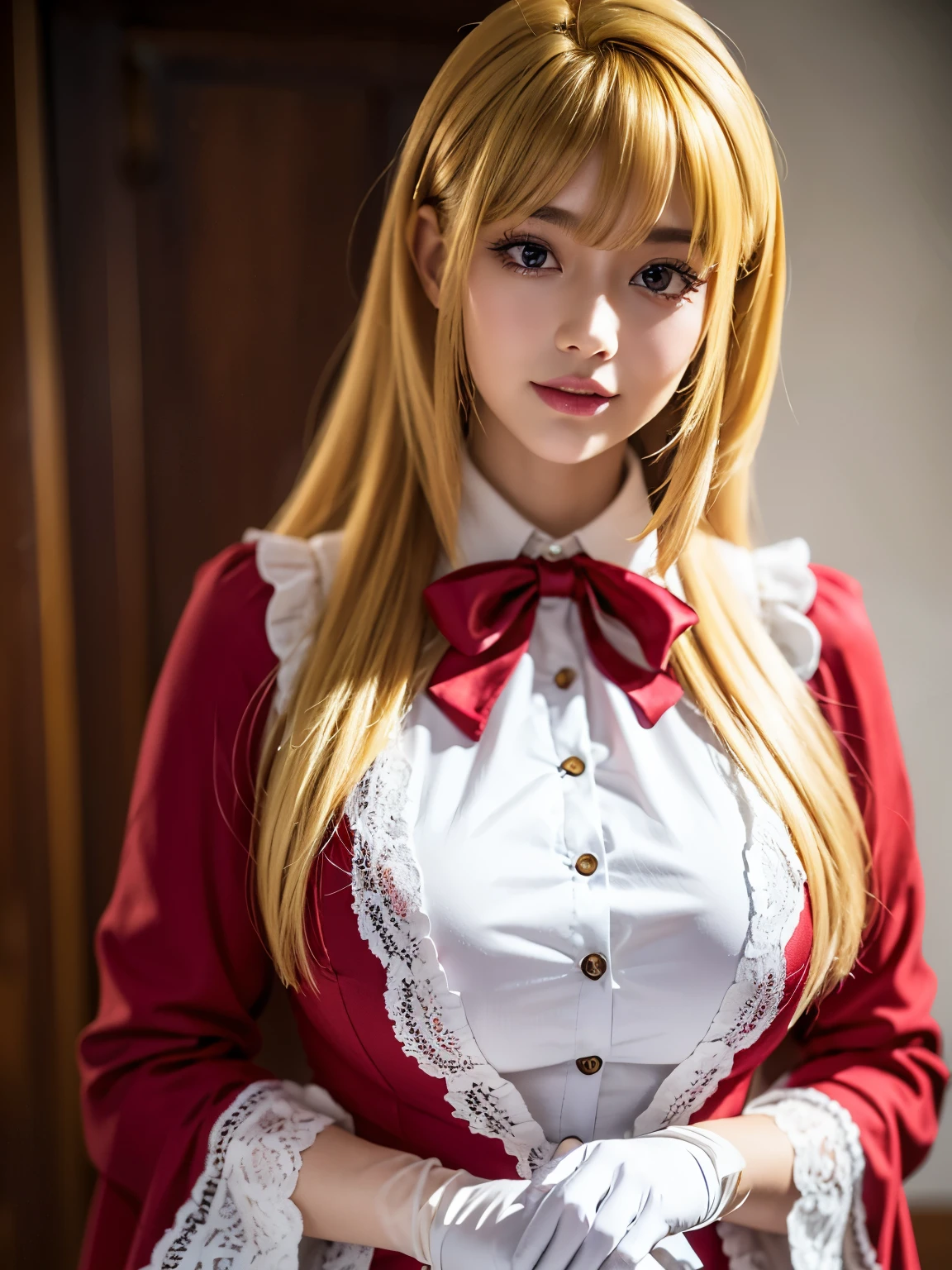 1girl, solo, (cute Japanese girl), hight school girl, Spender Body, huge breasts, smile, Looking at camera,
break
wariza, upper body,
break
Professional photo-realistic images, (16k, RAW photo, best quality, masterpiece:1.2), (realistic, photo-realistic:1.4), (extremely detailed 8k wallpaper), sharp focus, depth of field, blur background, bokeh, cinematic lighting, soft light, High resolution 16k close-up of human skin,
break
kudelia aina bernstein, (purple eyes:1.1), (((very long hair, blonde hair, bangs, blunt bangs))),
break
gloves, ((collared dress, red dress, long sleeves, white gloves, capelet, gown, red gown)), apricot, black apricot,
lo dress, layered dress, long dress, lace-trimmed dress, frills, puffy sleeves, wide sleeves, bow, jewelry, long sleeves,
