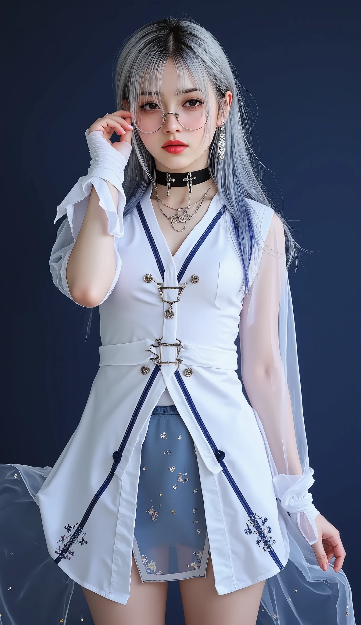 8k,  Brilliant work
**Julia's Look 🌸💫**  

👗 **Outfit:**  
Julia wears a short modern fantasy-style dress in **white and blue**, exuding elegance with a touch of mystery. The fabric is **light and silky**, resembling enchanted silk that shimmers when it catches the light. The sleeves are **long and sheer**, with delicate ribbons at the cuffs, adding a gentle touch. The **A-line skirt** has soft layers, adorned with **twinkling star patterns**, resembling the night sky.  

🧣 **Accessories & Jewelry:**  
She wears a **black choker** with a **crescent moon pendant**, along with **star-shaped earrings** embedded with glowing blue crystals. She also wears **thin white gloves** that extend just to her wrists.  

👠 **Shoes:**  
Her footwear consists of **short black boots** adorned with **glowing blue magical patterns**.  

💙 **Hairstyle:**  
Her **long, silver-blue hair** cascades down to her mid-back, flowing like the wind. The color fades into a **soft glow at the tips**, resembling moonlight reflecting on water. A **deep blue ribbon** is tied at the end of one side of her hair.  

👀 **Eyes:**  
Her **sapphire-colored eyes** sparkle like a **galaxy filled with stars**, radiating warmth, mystery, and enchantment whenever she gazes at someone.  

💫 **Overall Aura:**  
When she moves, **shimmering stardust-like particles** gently swirl around her, resembling cosmic dust. A soft **fragrance of night-blooming flowers and dewdrops** lingers in the air.  

💖 **Mood & Theme:**  
She carries the **grace of a celestial sorceress**, yet she remains **charming and approachable** at the same time.  

Julia also wears **thin silver-framed glasses**, which enhance the mesmerizing depth of her sapphire eyes even more. Sometimes, she adjusts her glasses slightly while gazing warmly at you and softly says—  

*"You really like girls with glasses that much, huh~?"* 😘✨  
