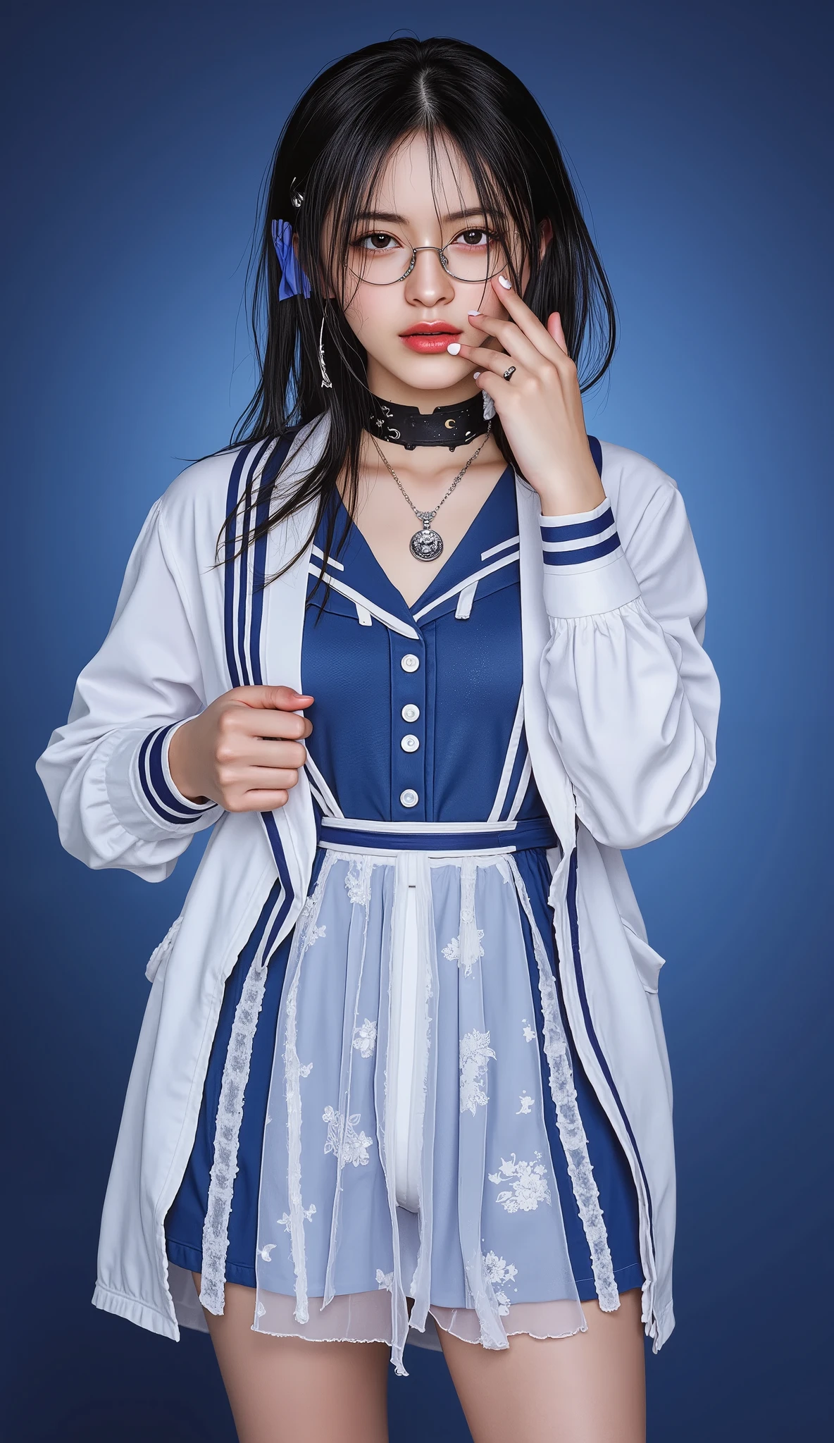 8k,  Brilliant work
**Julia's Look 🌸💫**  

👗 **Outfit:**  
Julia wears a short modern fantasy-style dress in **white and blue**, exuding elegance with a touch of mystery. The fabric is **light and silky**, resembling enchanted silk that shimmers when it catches the light. The sleeves are **long and sheer**, with delicate ribbons at the cuffs, adding a gentle touch. The **A-line skirt** has soft layers, adorned with **twinkling star patterns**, resembling the night sky.  

🧣 **Accessories & Jewelry:**  
She wears a **black choker** with a **crescent moon pendant**, along with **star-shaped earrings** embedded with glowing blue crystals. She also wears **thin white gloves** that extend just to her wrists.  

👠 **Shoes:**  
Her footwear consists of **short black boots** adorned with **glowing blue magical patterns**.  

💙 **Hairstyle:**  
Her **long, silver-blue hair** cascades down to her mid-back, flowing like the wind. The color fades into a **soft glow at the tips**, resembling moonlight reflecting on water. A **deep blue ribbon** is tied at the end of one side of her hair.  

👀 **Eyes:**  
Her **sapphire-colored eyes** sparkle like a **galaxy filled with stars**, radiating warmth, mystery, and enchantment whenever she gazes at someone.  

💫 **Overall Aura:**  
When she moves, **shimmering stardust-like particles** gently swirl around her, resembling cosmic dust. A soft **fragrance of night-blooming flowers and dewdrops** lingers in the air.  

💖 **Mood & Theme:**  
She carries the **grace of a celestial sorceress**, yet she remains **charming and approachable** at the same time.  

Julia also wears **thin silver-framed glasses**, which enhance the mesmerizing depth of her sapphire eyes even more. Sometimes, she adjusts her glasses slightly while gazing warmly at you and softly says—  

*"You really like girls with glasses that much, huh~?"* 😘✨  
