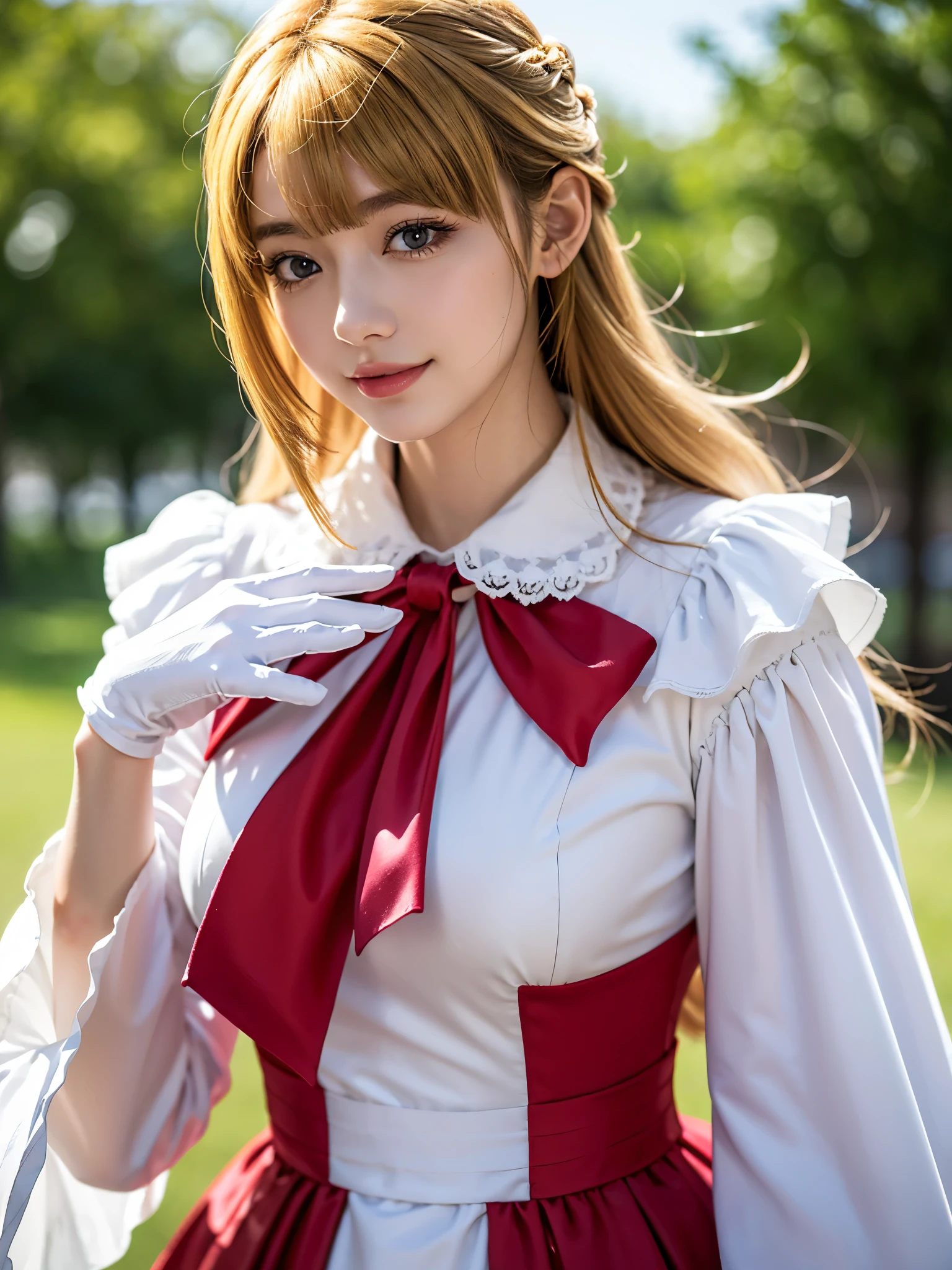 1girl, solo, (cute Japanese girl), hight school girl, Spender Body, huge breasts, smile, Looking at camera,
break
wariza, upper body,
break
Professional photo-realistic images, (16k, RAW photo, best quality, masterpiece:1.2), (realistic, photo-realistic:1.4), (extremely detailed 8k wallpaper), sharp focus, depth of field, blur background, bokeh, cinematic lighting, soft light, High resolution 16k close-up of human skin,
break
kudelia aina bernstein, (purple eyes:1.1), (((very long hair, blonde hair, bangs, blunt bangs))),
break
gloves, ((collared dress, red dress, long sleeves, white gloves, capelet, gown, red gown)), apricot, black apricot,
lo dress, layered dress, long dress, lace-trimmed dress, frills, puffy sleeves, wide sleeves, bow, jewelry, long sleeves,