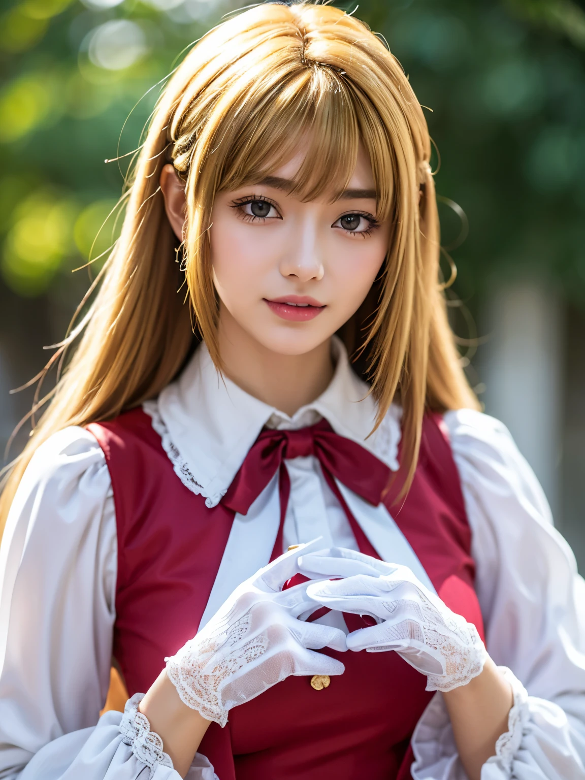 1girl, solo, (cute Japanese girl), hight school girl, Spender Body, huge breasts, smile, Looking at camera, 
break
wariza, upper body, 
break
Professional photo-realistic images, (16k, RAW photo, best quality, masterpiece:1.2), (realistic, photo-realistic:1.4), (extremely detailed 8k wallpaper), sharp focus, depth of field, blur background, bokeh, cinematic lighting, soft light, High resolution 16k close-up of human skin,
break
kudelia aina bernstein, (purple eyes:1.1), (((very long hair, blonde hair, bangs, blunt bangs))),
break
gloves, ((collared dress, red dress, long sleeves, white gloves, capelet, gown, red gown)), apricot, black apricot,
lo dress, layered dress, long dress, lace-trimmed dress, frills, puffy sleeves, wide sleeves, bow, jewelry, long sleeves, 
