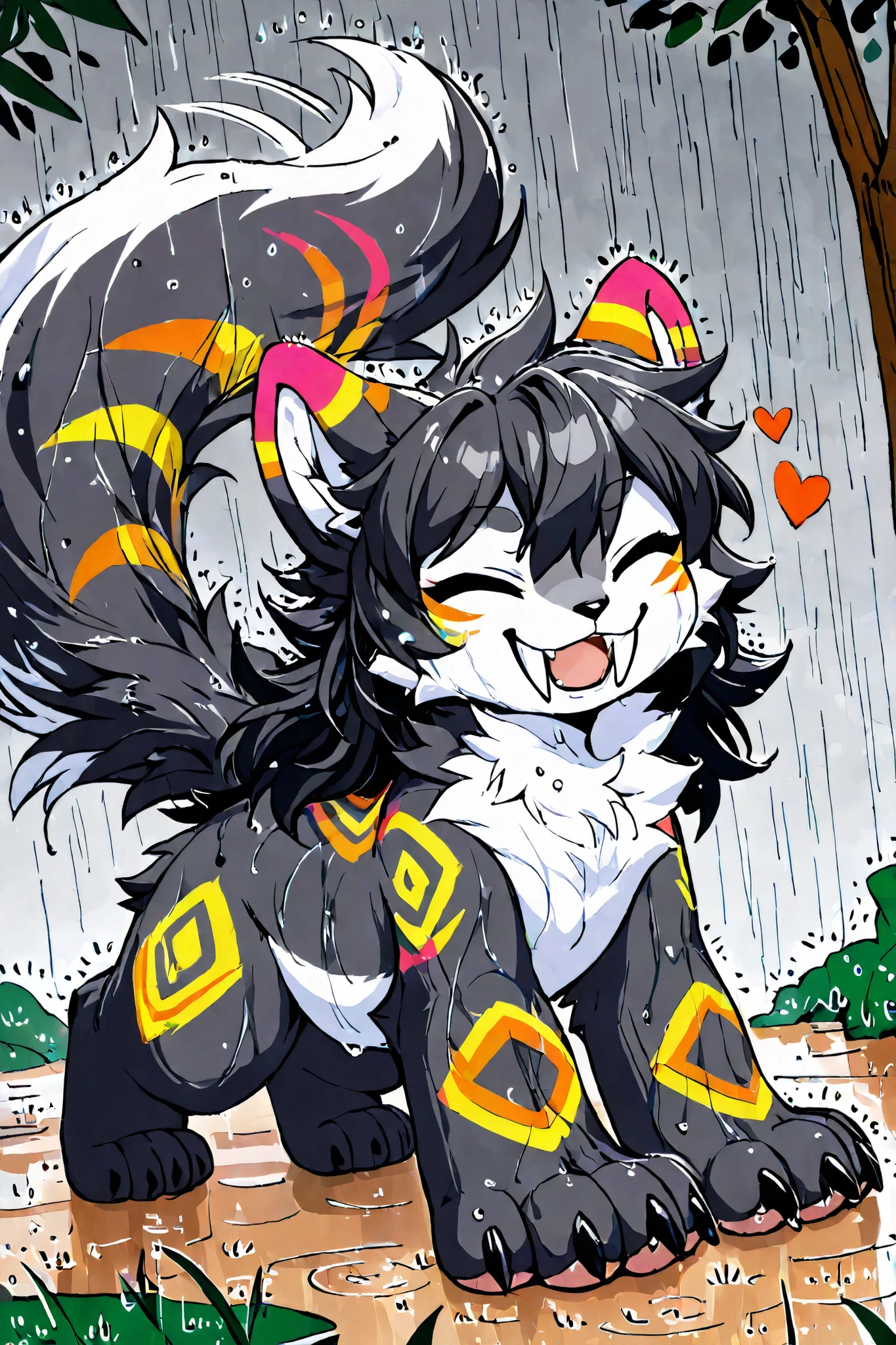 (((Feral))), female, fluffy fur, long hair, solo, attractive body, big tail, big paws, claws, ((big fangs)), (((white belly))), (((dark gray fur fur))), ((((gray fur)), colorful markings, cub, young, colored, smile, floating hearts, chest fluff, fluffy hair, back fluff, leg fluff, (((twink body))), wet fur, outside, raining, ((rolling around)) , (((portrait))), on front view, eyes closed, wagging tail
