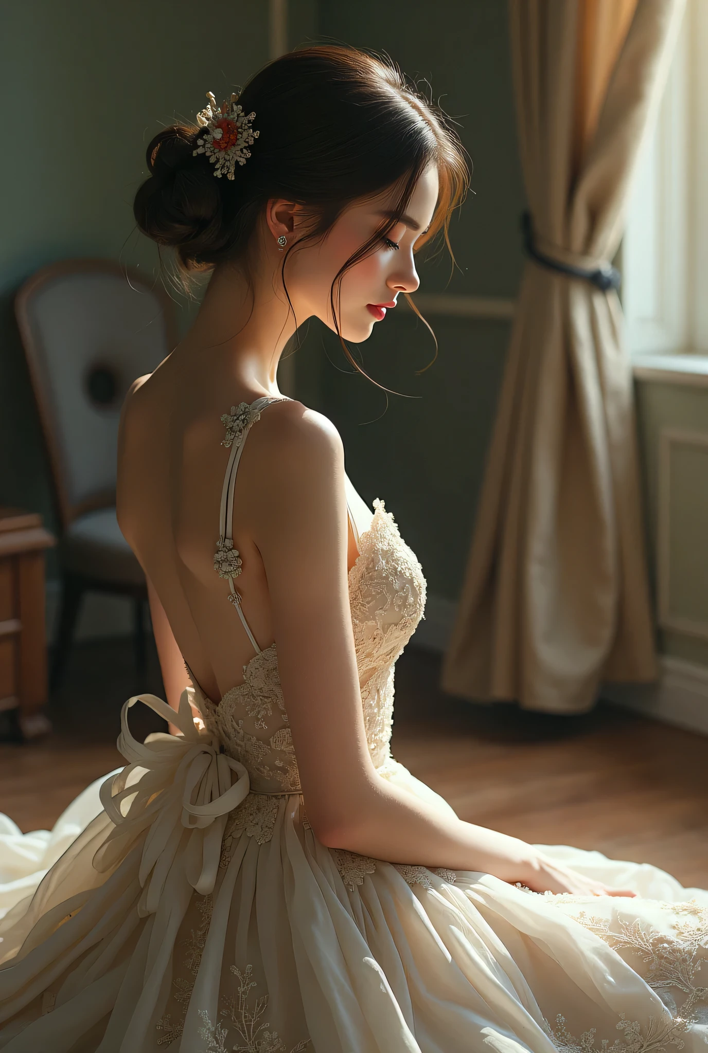 The woman, with her delicate pose and radiant skin, is adorned in an exquisite white wedding dress embellished with pearls and diamonds. She is positioned in the aisle of a majestic, ancient cathedral, as gentle light pours in through the stained-glass windows. This light casts a surreal ilumination on her dress, giving it a fantastical appearance. The shot is a waist-up angle from behind that shows her admiring the profound architecture. The overall ambiance is solemn and devotional, (medium shot: 1.5), (sexy pose: 1.5), (NSFW: 1.5).