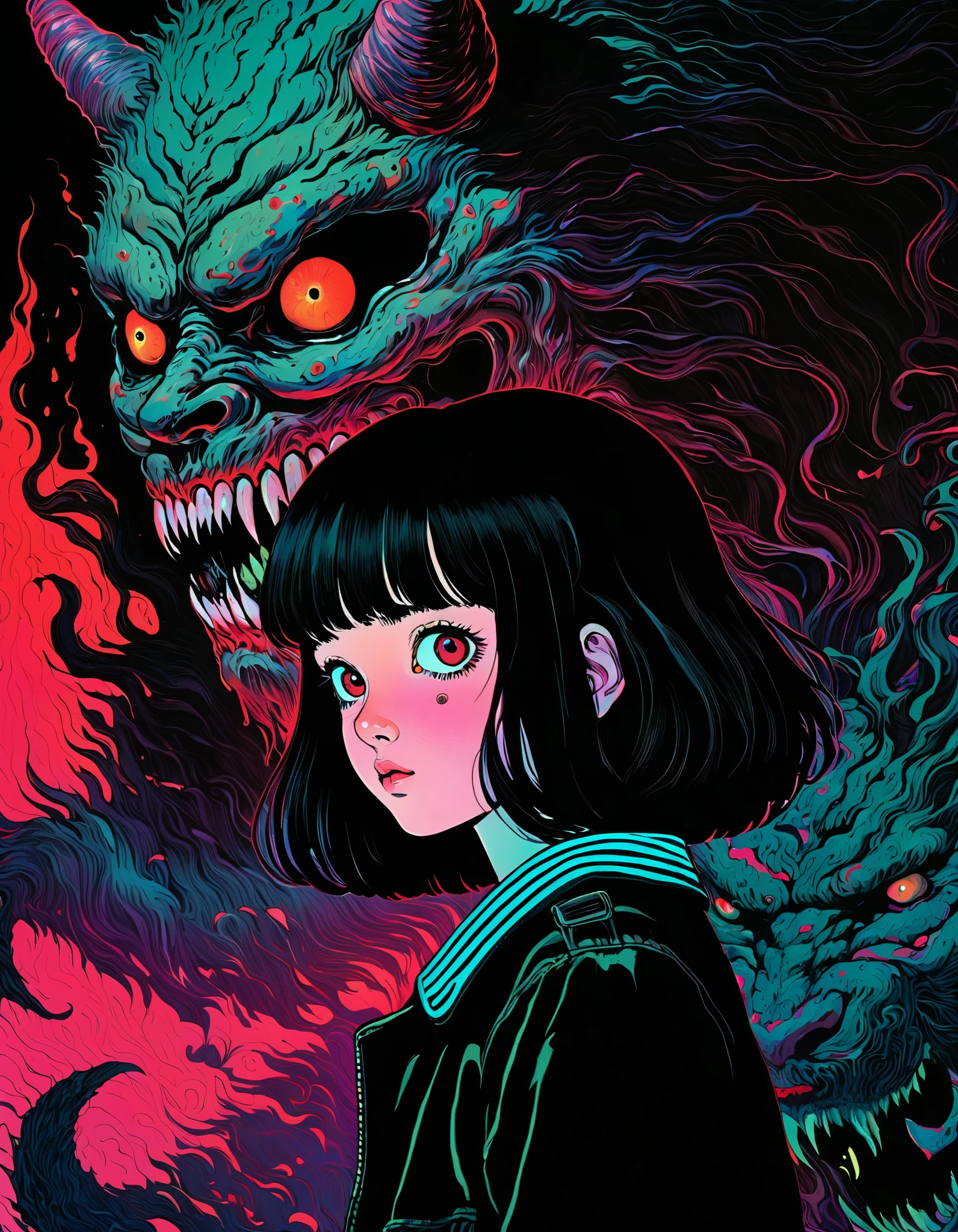 illust、art、from 80s horror movie, directed by Junji Ito、Demon Beast、high detail, realsitic shadow、Analog style, vhs style, 8mm film, chromatic aberration, Dvd screengrab、Surrealism
