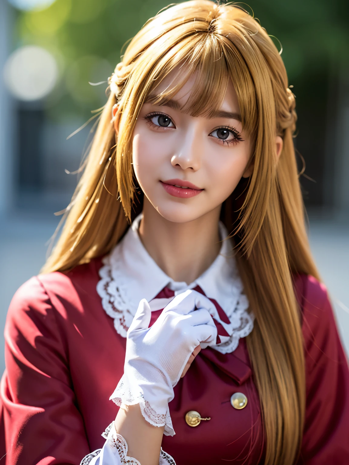 1girl, solo, (cute Japanese girl), hight school girl, Spender Body, huge breasts, smile, Looking at camera,
break
wariza, upper body,
break
Professional photo-realistic images, (16k, RAW photo, best quality, masterpiece:1.2), (realistic, photo-realistic:1.4), (extremely detailed 8k wallpaper), sharp focus, depth of field, blur background, bokeh, cinematic lighting, soft light, High resolution 16k close-up of human skin,
break
kudelia aina bernstein, (purple eyes:1.1), (((very long hair, blonde hair, bangs, blunt bangs))),
break
gloves, ((collared dress, red dress, long sleeves, white gloves, capelet, gown, red gown)), apricot, black apricot,
lo dress, layered dress, long dress, lace-trimmed dress, frills, puffy sleeves, wide sleeves, bow, jewelry, long sleeves,