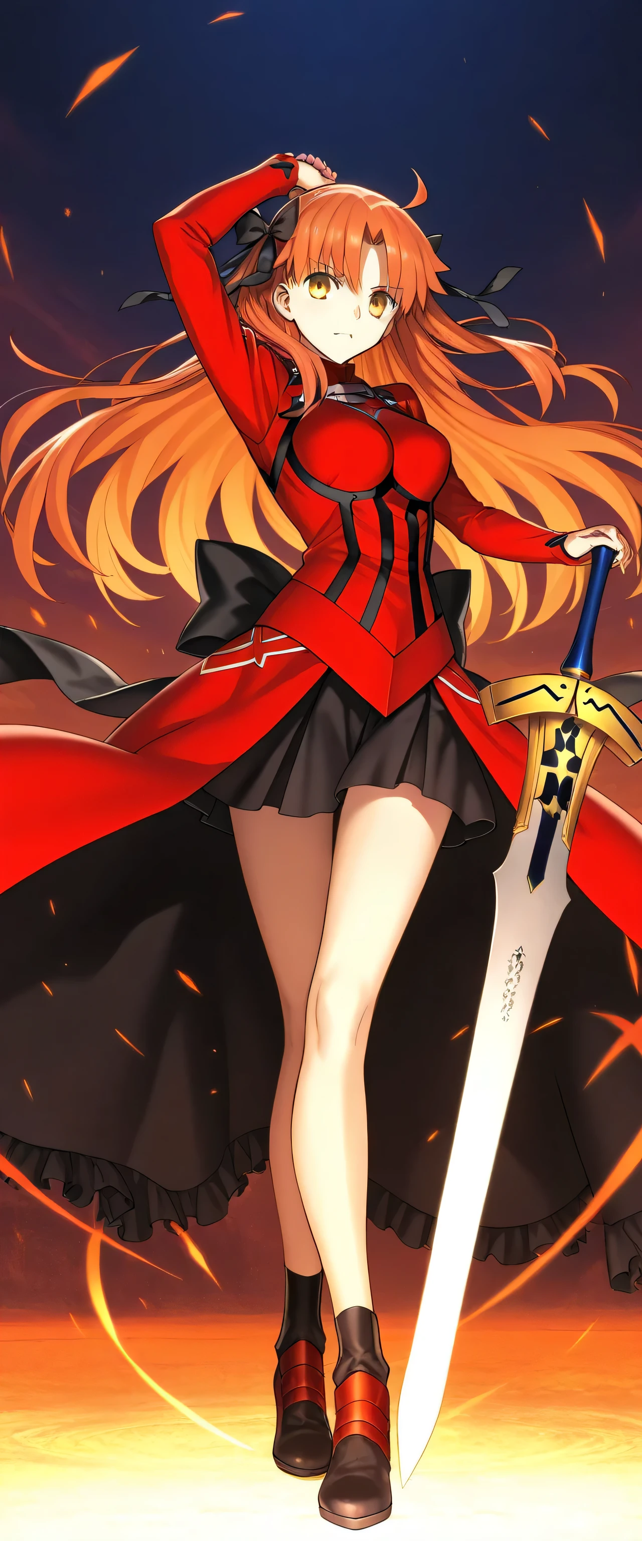 Anime girl with sword and cape in front of a sunset（tohsaka rin ...