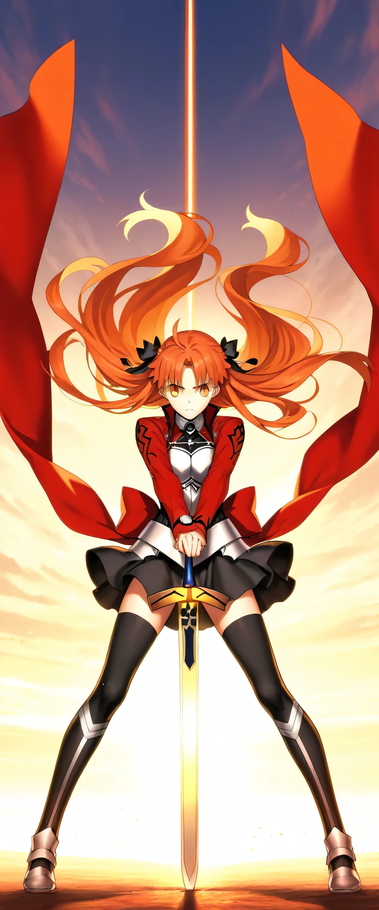 Anime girl with sword and red cape standing in front of a sunset ...
