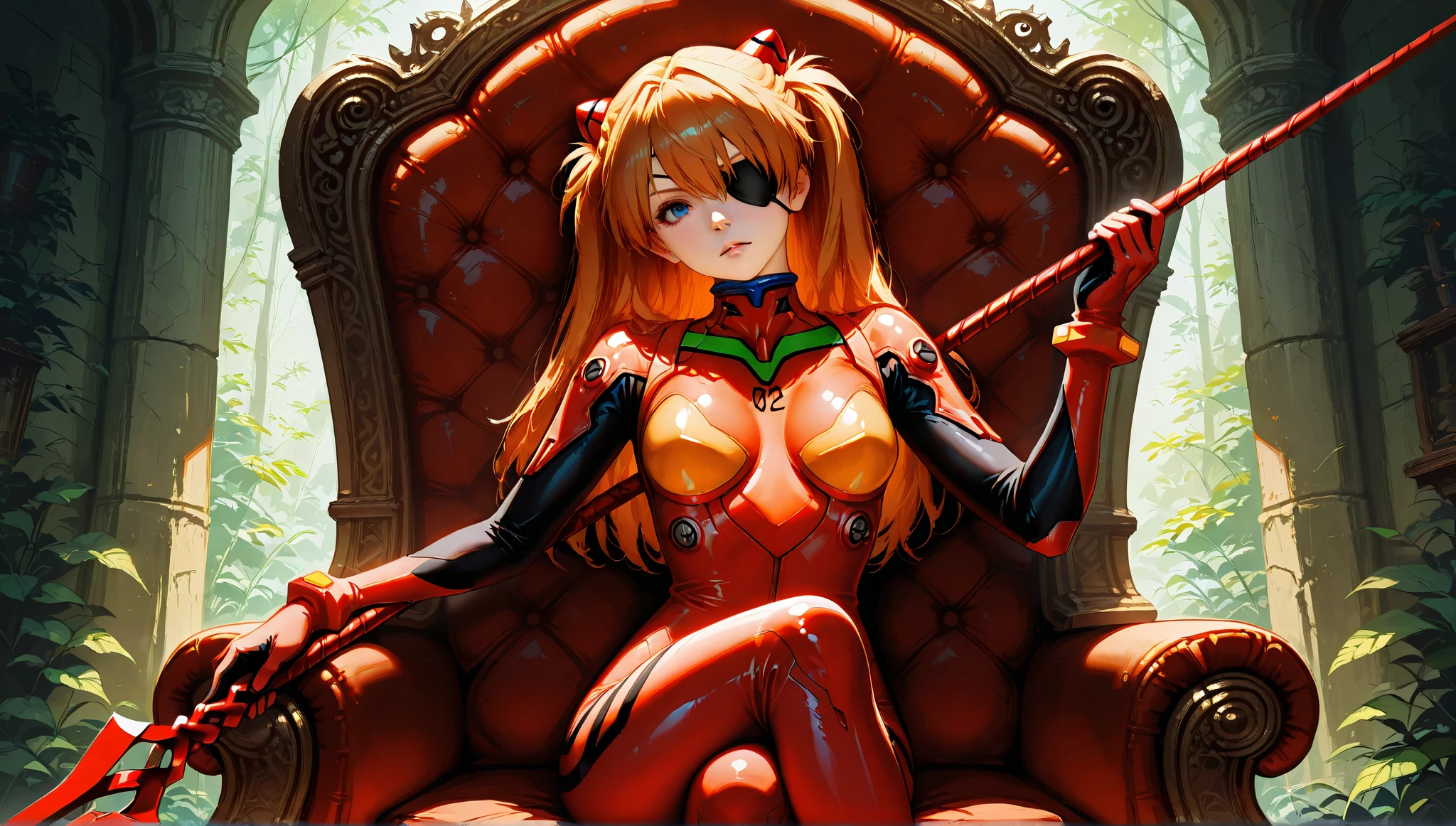 1girl, souryuu asuka langley, neon genesis evangelion, sensitive, solo, eyepatch, red plugsuit, sitting on throne, crossed legs, head tilt, holding weapon, lance of longinus \(evangelion\), cowboy shot, depth of field, faux traditional media, painterly, impressionism, masterpiece, high score, great score, absurdres, she crouches in a dynamic battle-ready stance, high fantasy, dark fantasy, Lineage 2 style, photo-realistic, dnd art, stealth assassin, perfect anatomy, striking beauty, realistic skin texture, ultra-sharp reflections, highly detailed leather and armor, epic atmosphere, dynamic action pose, rogue aesthetic., epic atmosphere, good eyes, detailed eyes, realistic skin texture, crystal-clear eyes, hold assasine knifes, demon knifes in hands, colored, hyper realistic