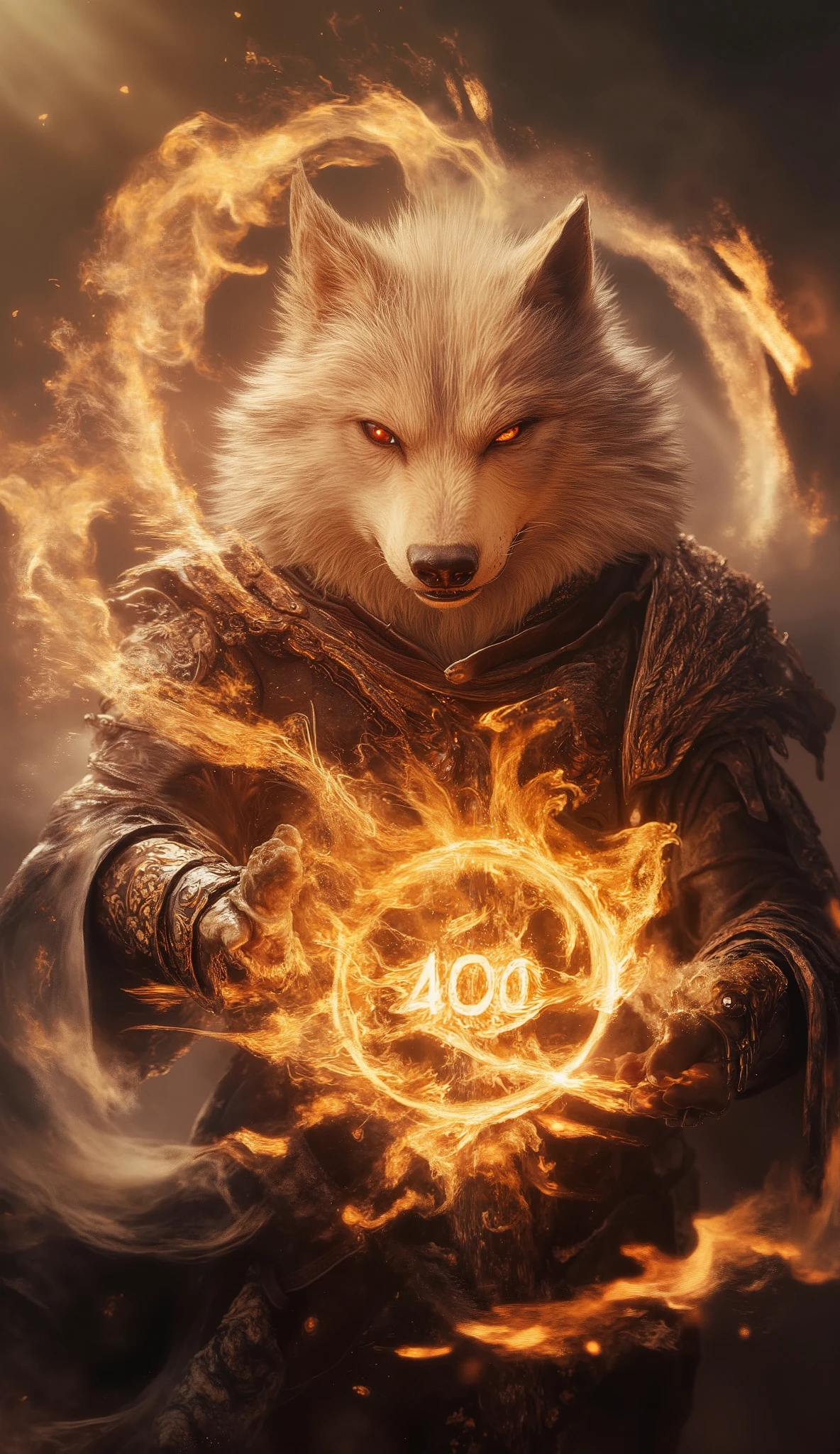 (best quality, 128k,highres,masterpiece:1.2),ultra-detailed,(realistic,photorealistic,photo-realistic:1.37), ((masterpiece)) ((photography)) ((Highest quality)) A majestic anthropomorphic white wolf warrior with glowing red eyes and a deep battle scar over his right eye. He wears intricate black and gold armor with ornate patterns, exuding a mystical aura. His powerful hands are conjuring a radiant golden energy sphere, pulsating with magical energy, with the number "400" glowing at its center. The background is a dynamic swirl of golden energy rings, creating a dramatic and intense atmosphere. His long, flowing white tail adds to his imposing presence. The lighting is cinematic, with warm golden highlights contrasting against deep shadows, giving a hyper-realistic and fantasy feel.