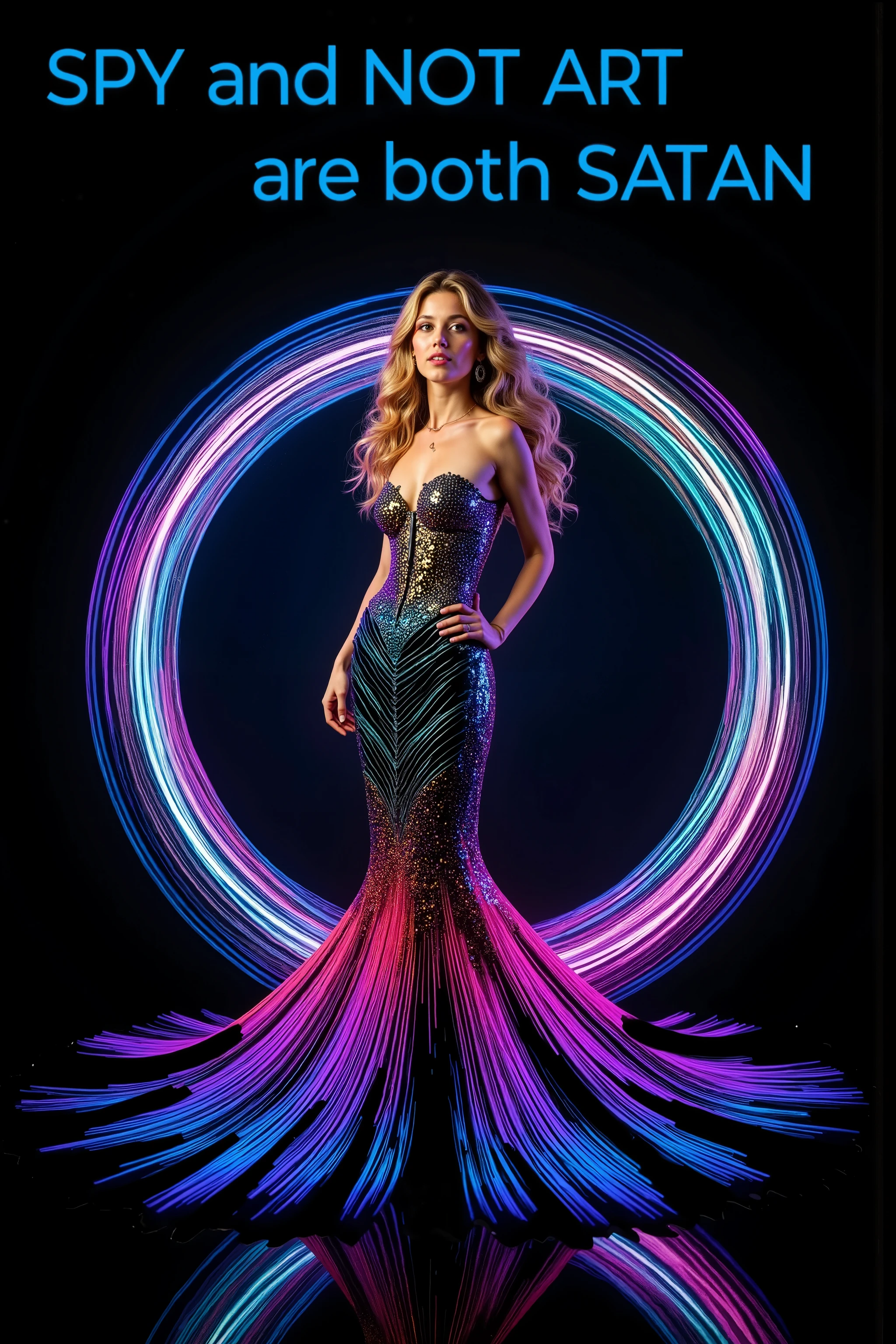 Take this image and merge the colors together around the girl, while infusing lots of vibrant neon luminescent colors in there as well. Make her mermaid gown highly reflective, mirror like, so all the light hits it, and reverberates it into the colored swirls around her. The swirl patterns should be triple or quadruple the amount of colored lines from the image. Make the girl look more realistic and more attractive. Surrealism, asthetically incredible, light display, lit up around the girl. Photorealistic, ultra realistic, cinematography, ultra detailed. Triple Bun, Braided Bun, Very Long Hair, Motion Lines, Sparkle, Emphasis Lines, Motion Blur, Speed Lines, Film Grain, Scanlines, Optical Illusion, Cinematic Lighting, Ray Tracing, Glowing Light, Reflection Light, God Rays, Action Painting, Icon Style, Realism, Tumbledown, Portrait Photography, Fujicolor, Hair Ribbon, crucifix, Super Detailed, Best Quality, Action Painting, Bubbles rising from foam, rising from liquid, paste, Masterpiece, From Below, Parted Lips, neon, lit up colored swirls, against a flat coal black background. Girl and swirls light up like bioluminescence.