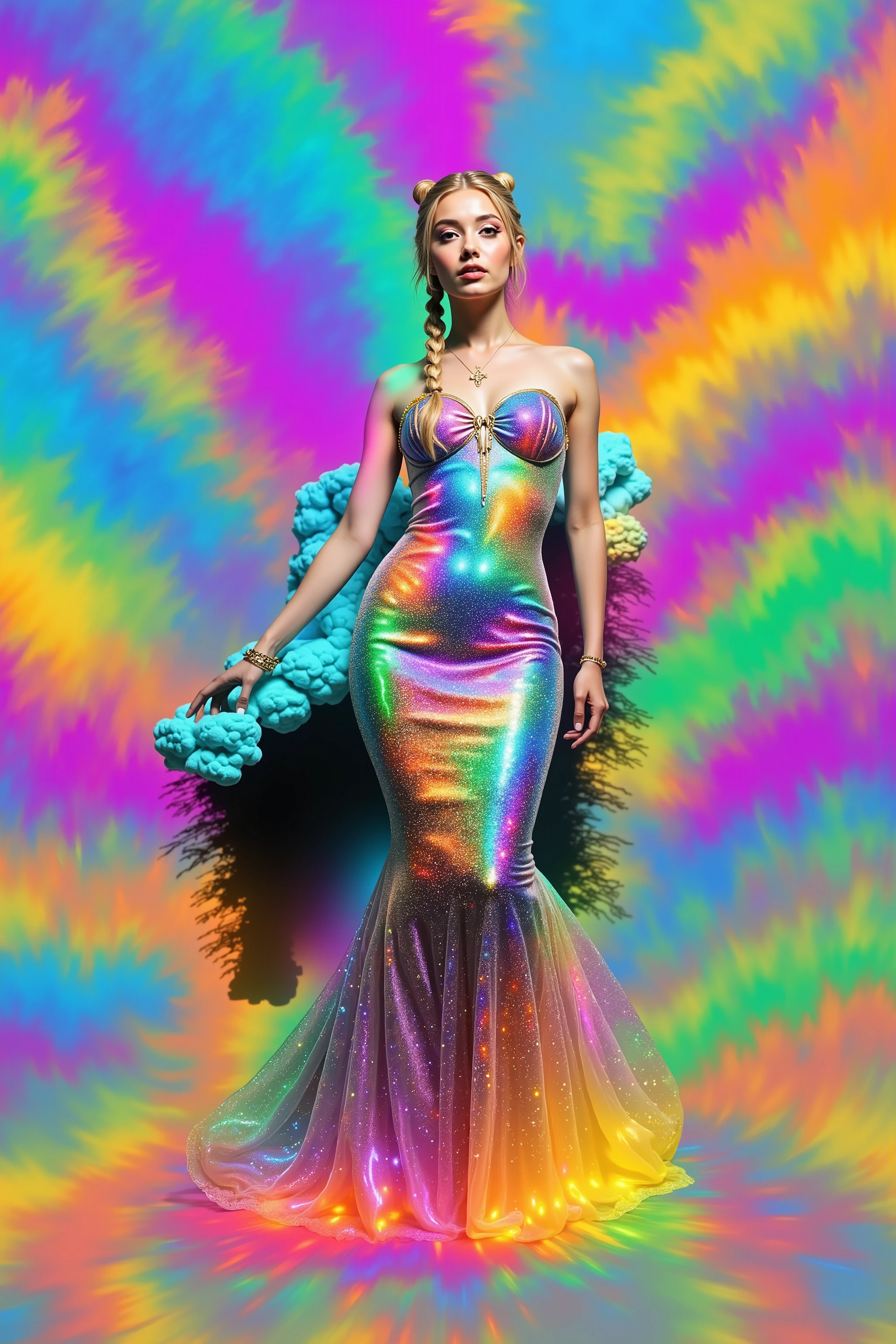 Take this image and merge the colors together around the girl, while infusing lots of vibrant neon luminescent colors in there as well. Make her mermaid gown highly reflective, mirror like, so all the light hits it, and reverberates it into the colored swirls around her. The swirl patterns should be triple or quadruple the amount of colored lines from the image. Make the girl look more realistic and more attractive. Surrealism, asthetically incredible, light display, lit up around the girl. Photorealistic, ultra realistic, cinematography, ultra detailed. Triple Bun, Braided Bun, Very Long Hair, Motion Lines, Sparkle, Emphasis Lines, Motion Blur, Speed Lines, Film Grain, Scanlines, Optical Illusion, Cinematic Lighting, Ray Tracing, Glowing Light, Reflection Light, God Rays, Action Painting, Icon Style, Realism, Tumbledown, Portrait Photography, Fujicolor, Hair Ribbon, crucifix, Super Detailed, Best Quality, Action Painting, Bubbles rising from foam, rising from liquid, paste, Masterpiece, From Below, Parted Lips, neon, lit up colored swirls, against a flat coal black background. Girl and swirls light up like bioluminescence.
