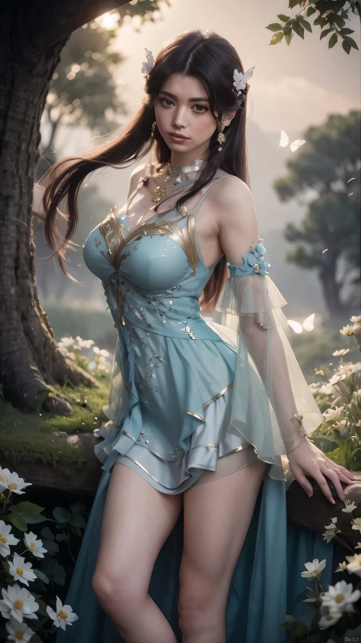 A young woman, depicted in a light teal, short, flowing dress. She is positioned slightly off-center to the left of the image. Her long, dark brown hair is flowing and styled with decorative flower-like accessories. She wears delicate golden jewelry, and her expression is serene and focused towards the viewer. Her facial features are delicate, with rosy cheeks. She has a slender build with long legs and a toned appearance. The dress features intricate designs and gold accents that add dimension to the outfit. The dress's skirt is a ruffled, tiered style, enhancing the movement in the image. The background is a lush outdoor setting, with a tree, grassy area, and a variety of small white flowers surrounding her. The light is soft, natural-looking, and suggests a late afternoon sun. The image's composition and perspective are centered around the subject, focusing on her elegance and beauty. The colors are soft and harmonious, creating a calming and dreamy atmosphere. Butterflies are gently depicted in the background.