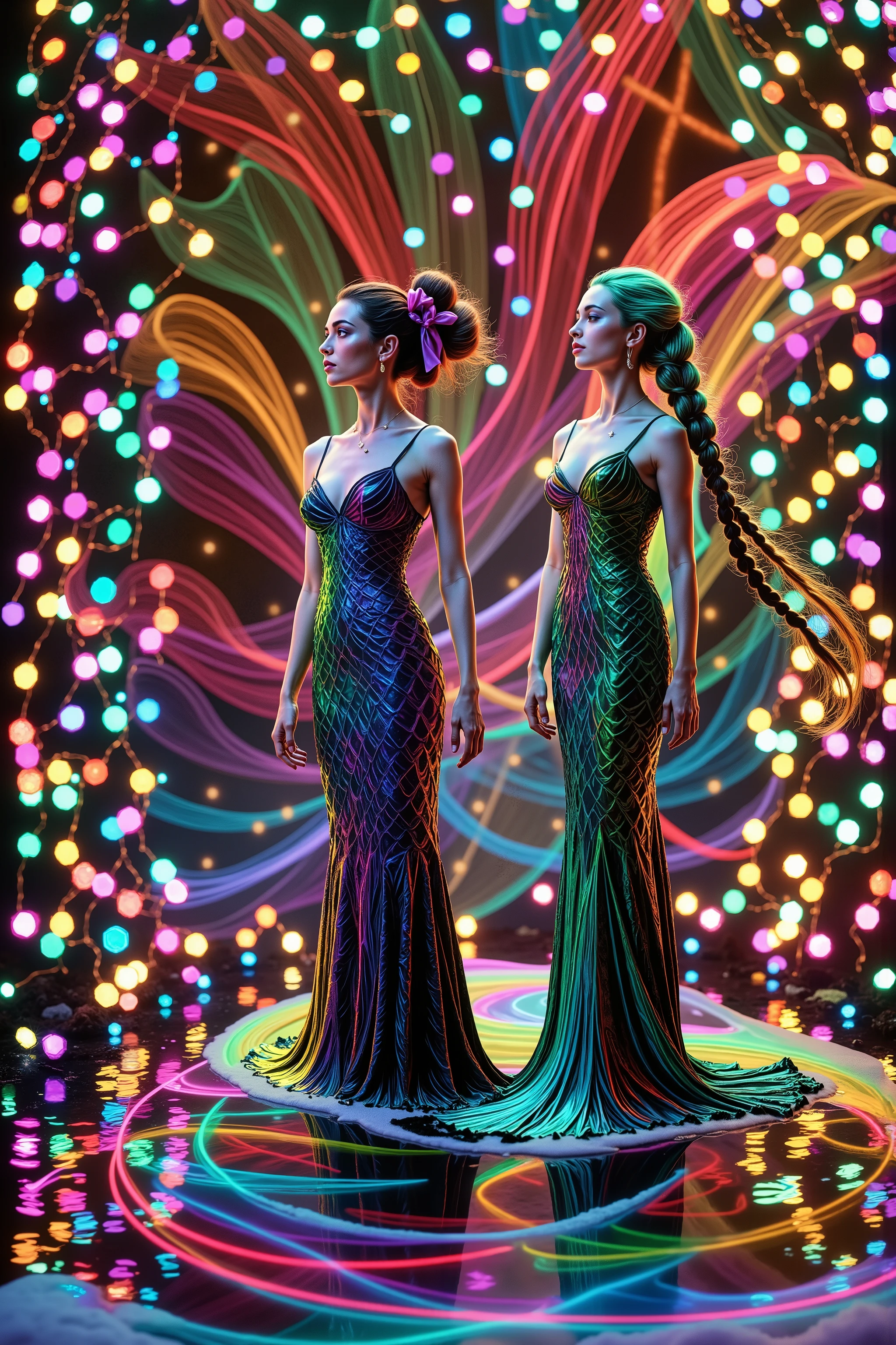Take this image and merge the colors together  around the girl, while infusing lots of vibrant neon luminescent colors in there as well. Make her mermaid gown highly reflective, mirror like, so all the light hits it, and reverberates it into the colored swirls around her. The swirl patterns should be triple or quadruple the amount of colored lines from the image. Make the girl look more realistic and more attractive. Surrealism, asthetically incredible, light display, lit up around the girl. Photorealistic, ultra realistic, cinematography, ultra detailed. Triple Bun, Braided Bun, Very Long Hair, Motion Lines, Sparkle, Emphasis Lines, Motion Blur, Speed Lines, Film Grain, Scanlines, Optical Illusion, Cinematic Lighting, Ray Tracing, Glowing Light, Reflection Light, God Rays, Action Painting, Icon Style, Realism, Tumbledown, Portrait Photography, Fujicolor, Hair Ribbon, crucifix, Super Detailed, Best Quality, Action Painting, Bubbles rising from foam, rising from liquid, paste, Masterpiece, From Below, Parted Lips, neon, lit up colored swirls, against a flat coal black background. Girl and swirls light up like bioluminescence. 