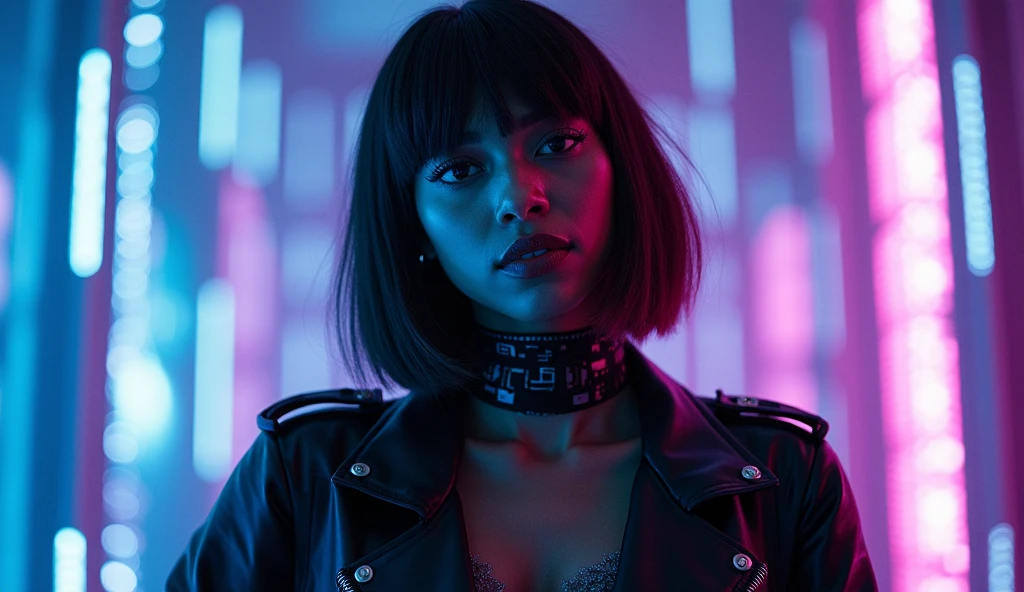 hires, best quality, Space Station, close-up shot, gazing into the distance, curvy build, female, colored skin, small breast, glowing pink eyes, black hair in a messy bob, confident expression, futuristic and sleek, neon lighting, <lora:more_details:0.6>