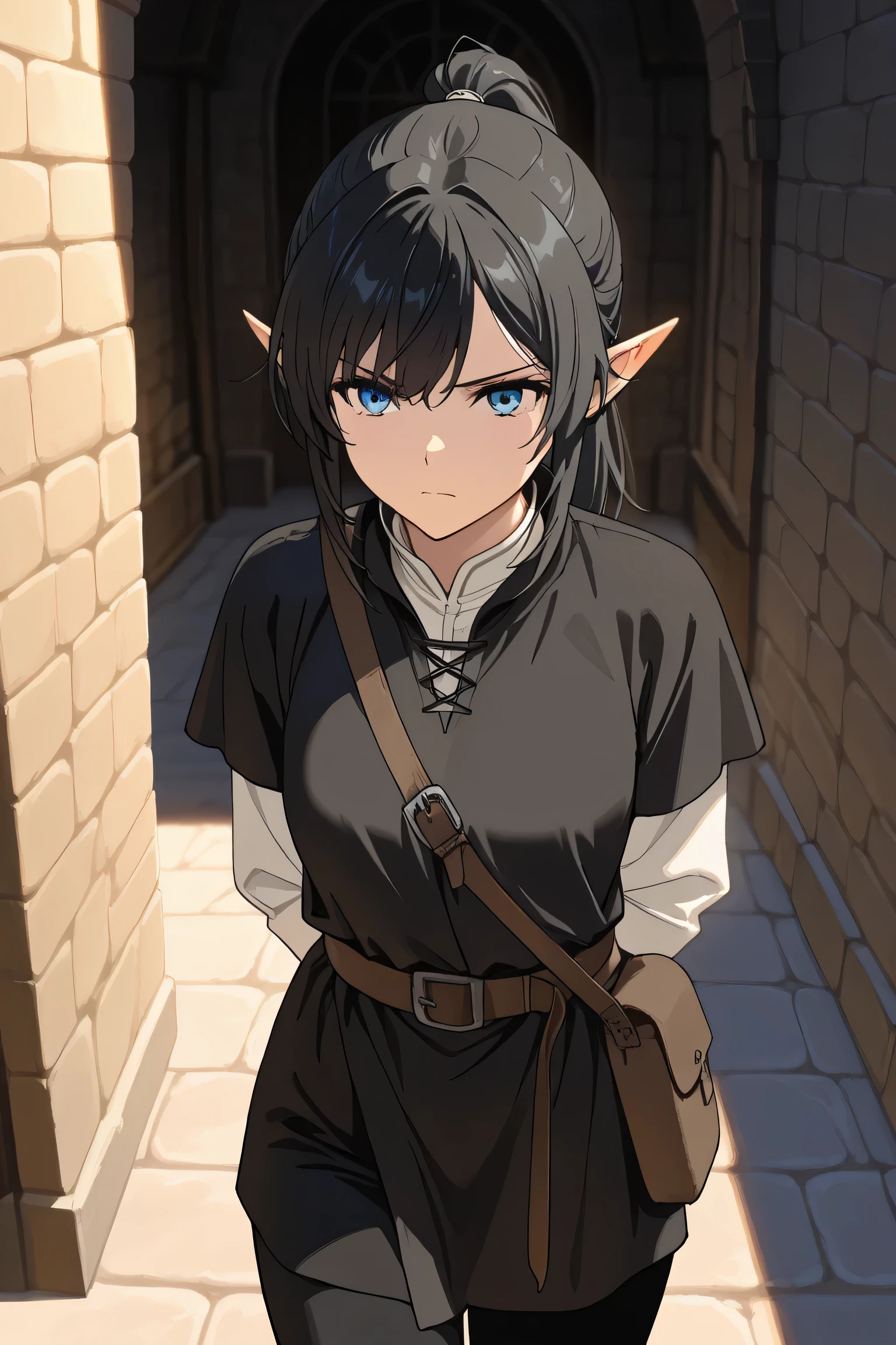 Masterpiece , newest , safe, Beautiful woman , black hair in a ponytail , blue eyes , elf, , medieval black tunic, medieval white shirt , cunning look , , black pants , Beautiful woman , elf, , black hair in a ponytail, medieval black shirt , shirt, cunning look , , black pants Masterpiece , newest , safe, Beautiful woman , cunning look , waist bag , black fabric pants , 1girl, one girl, serious face , black tunic , , Equipment, slender, hands behind your back, looks towards , medieval city background