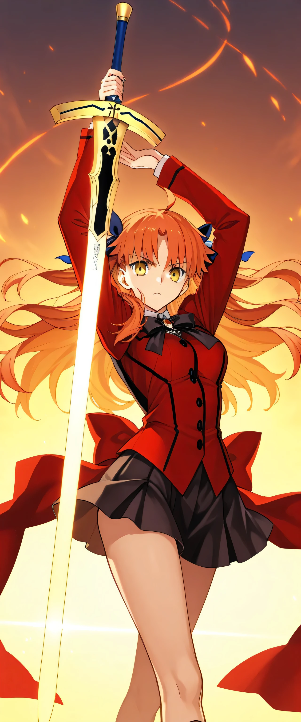 Anime girl with sword and red cape holding sword in front of her ...