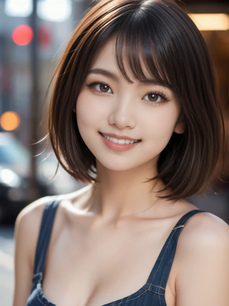 (masterpiece)、(Highest quality:1.5)、(Photorealistic:1.2)、(Surreal), (High resolution), (Realistic), (Post-processing),(Sharp focus), Sharp focus:1.2,Backlight, (Improvement of quality:1.4), (Narrow waist)、((Perfectly detailed five-fingered hands)),(Anatomically correct body)、((1 female:1.4))、Japanese、Realistic Skin、(Small chest:1.4)、Bust size is A cup、Pretty woman with perfect figure:1.4,(from the front:1.5), (Enhances the beauty of skin texture:1.1),No makeup、美しいBlack Hair、smile、Natural color lip、(Small Mouth:1.4)、The mouth is not open、Thick lips、(Oval Face)、Even bangs、Hide eyebrows with bangs、((33-year-old woman))、Bob Hair、Hair blowing in the wind, (Black Hair, Iris, Watery eyes, Shining Eyes, Bob Cut Hair, Small earrings,), Hair behind the ear、No makeup、(Drooping eyes)、(((One lovely woman)),((優しい大きなsmile)),(( Small breasts,Small breastsの谷間)),((((Plump Cheeks)))),very cute,(Baby Face),