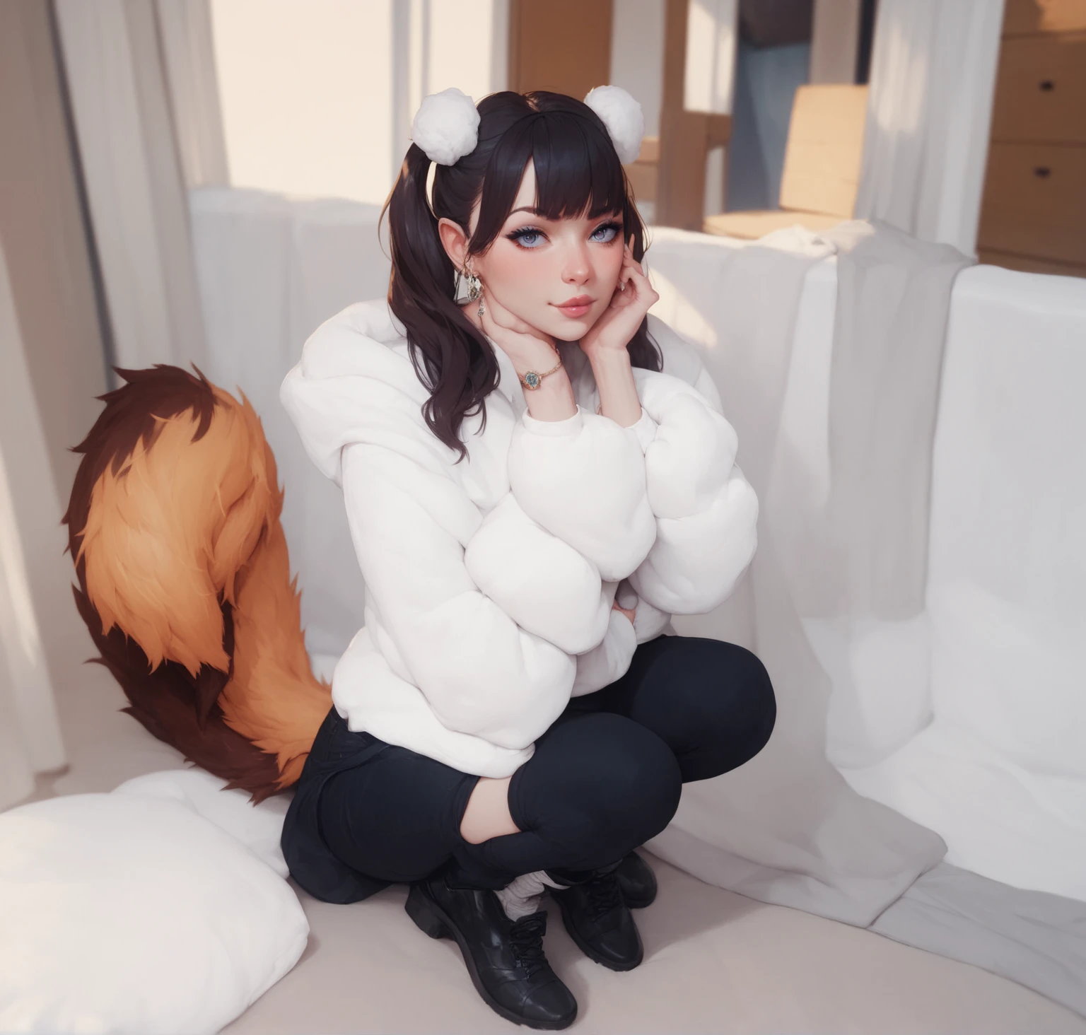 Fox Girl, Fox&#39;s Tail, Nine-Tailed Fox,Fox Ears, Black colored hair, Fox Makeup,One Girl、 Kimono with open chest, Body size is 100-70-90!、Nice body, Avatar, face, Open chest, lewd face, Dominant representation, naughty face,Big Breasts,Emphasize cleavage,Show bare skin、Skin is visible、With legs apart、Show off your thighs、With legs apart、A beautifully patterned kimono、I can see her cleavage、Muscular、Uplifting、Abdominal muscles、Exposed skin、Long Hair、Skin Texture、Soft breasts 、outside、Grassy field