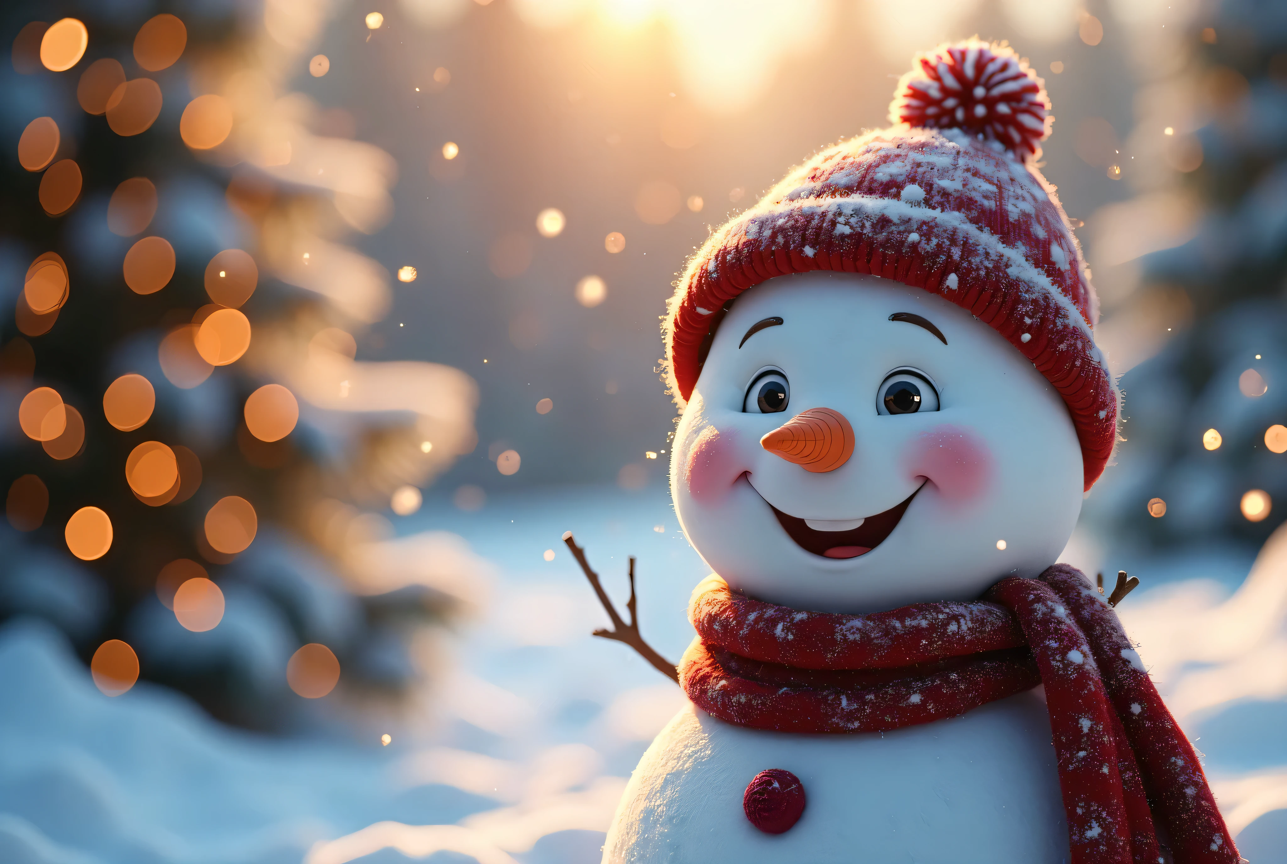 There is a snowman with a red hat and scarf on - SeaArt AI